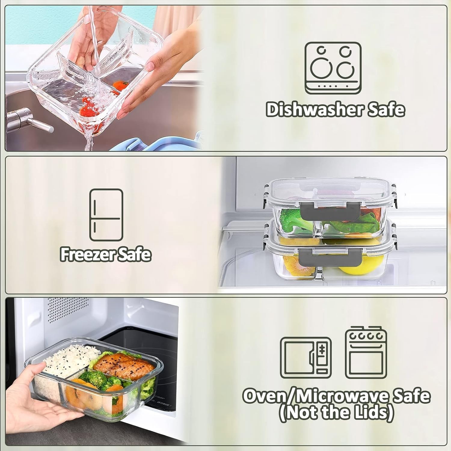 [5-Pack 36 oz] Glass Meal Prep Containers 3 Compartment W/ Lids Glass Lunch