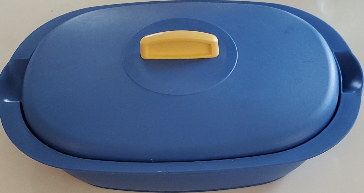 Tupperware 1.7L Oval Blue/Yellow Plastic Food Storage Container w/ Snap Lid