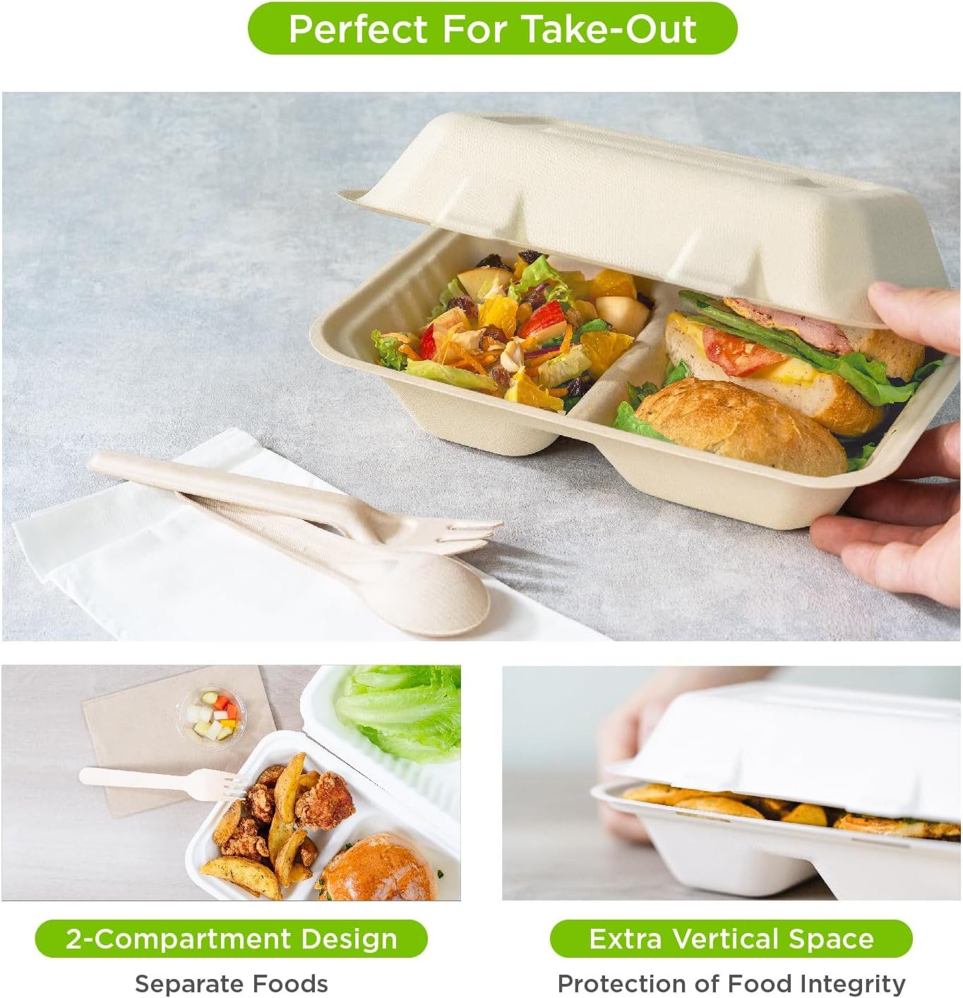 Clamshell Take Out Food Containers [9″X9″, 200 Ct ] 3 Compartments | to Go Conta