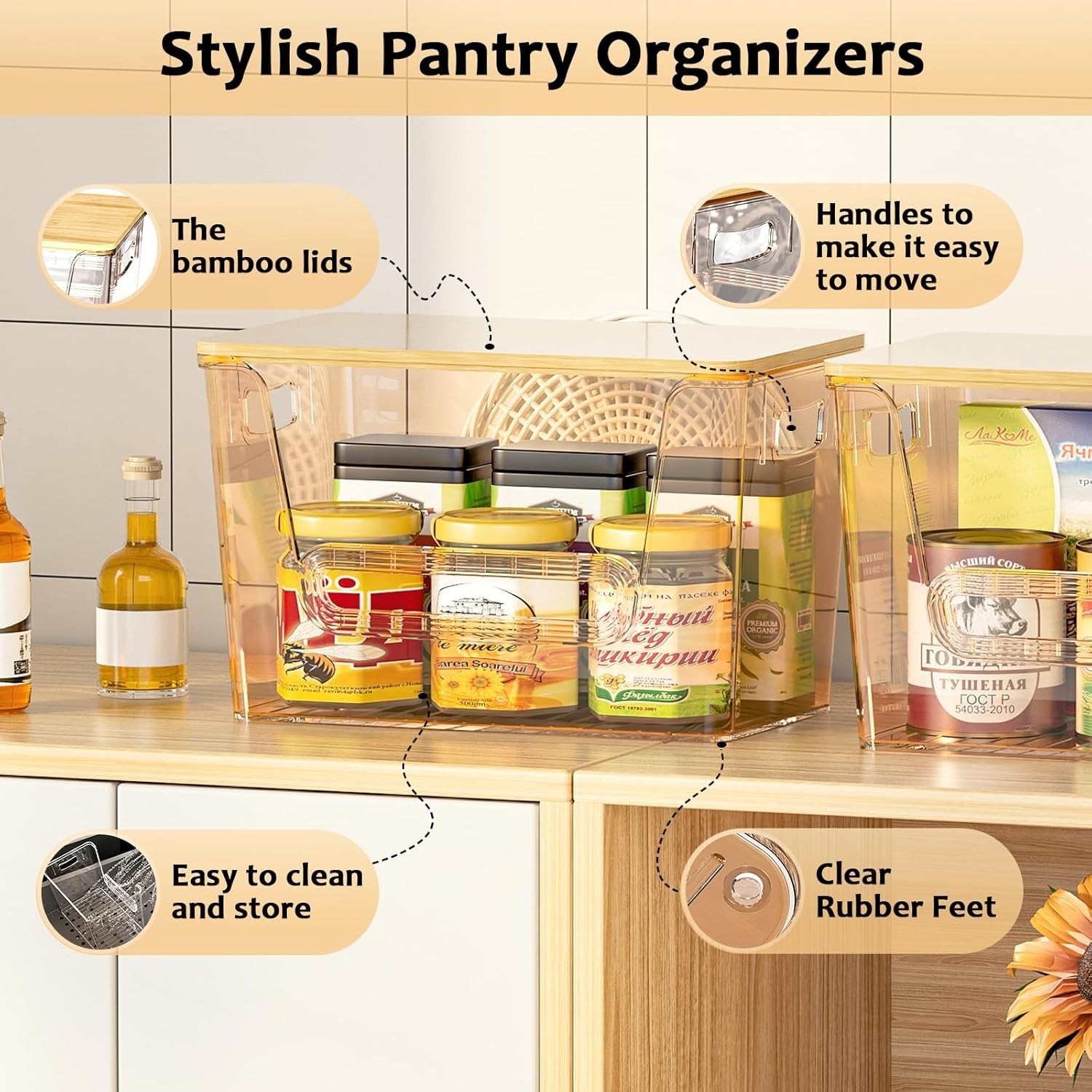 2 Set Pantry Organizer Trash Bag Dispenser Bamboo Top Potato Onion Storage Amber