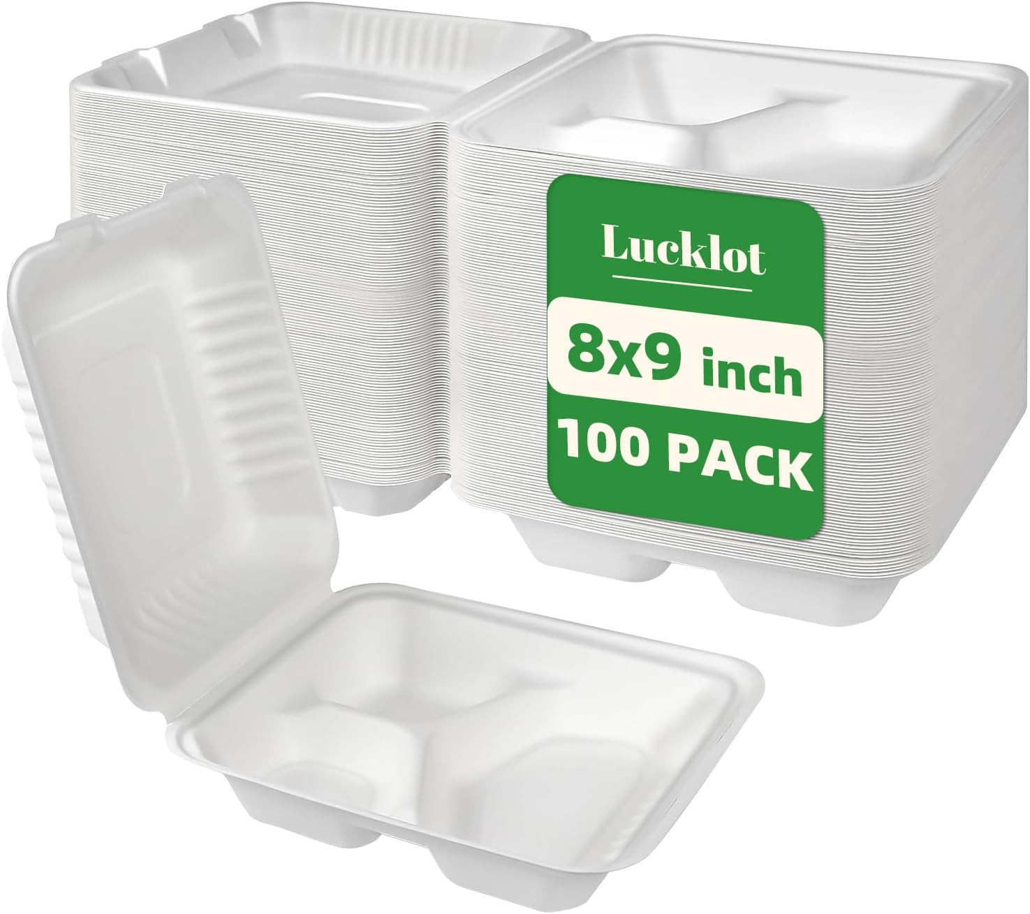100 Pack Togo 8×9 Inch Disposable 3 Compartment White Clamshell Take Out Contain