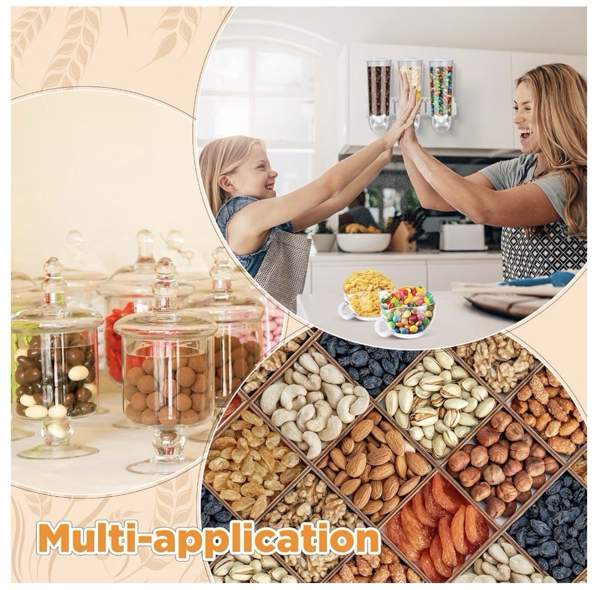 3 Pcs Cereal Dispenser Wall Mounted 4.5L Triple Candy Machine Grain Coffee