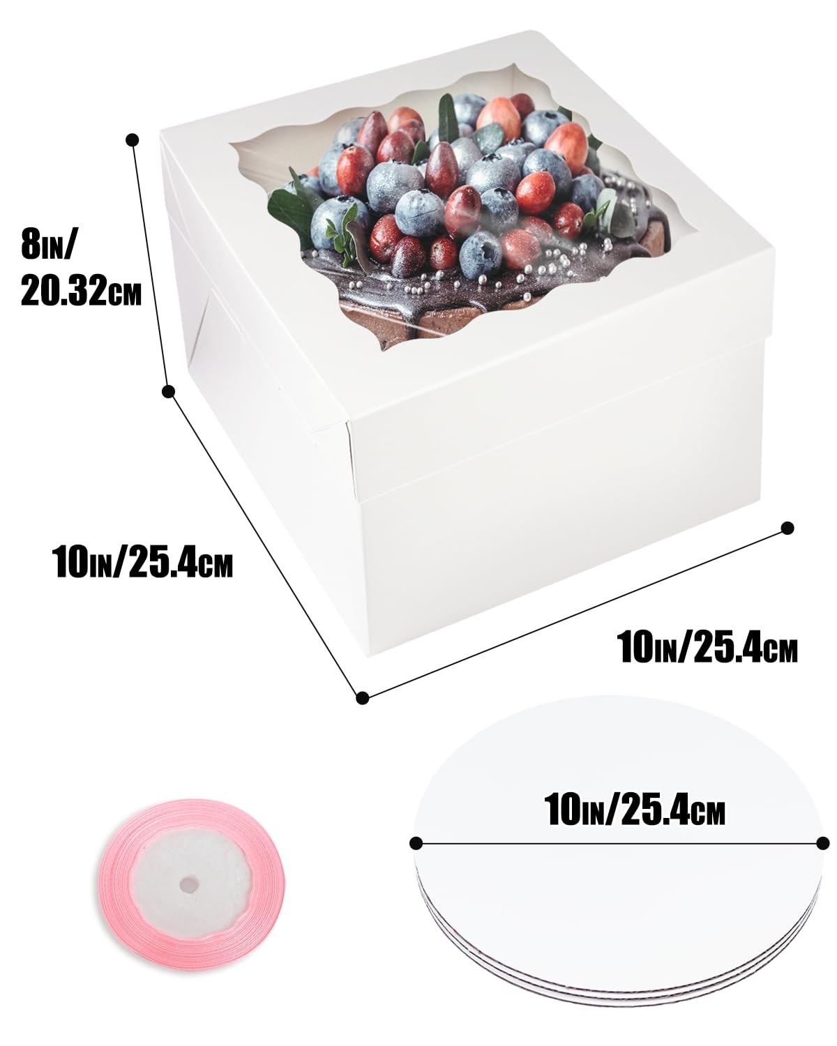 4 Sets 10x10x8 Inch White Cake Bakery Boxes Window 4 Boards Ribbon Container
