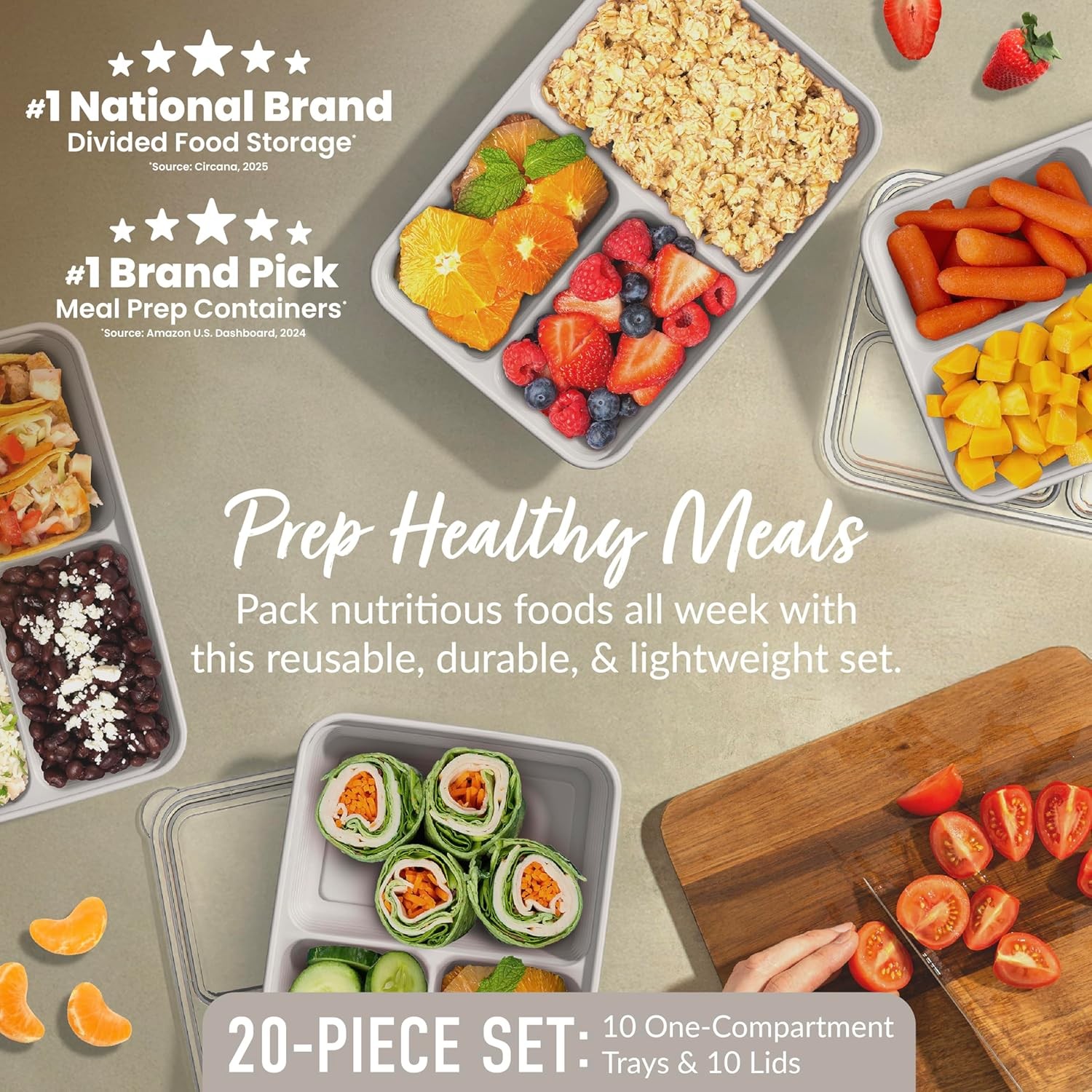 20-Piece 3-Compartment Reusable Meal Prep Containers with Lids, (Stone Gray)
