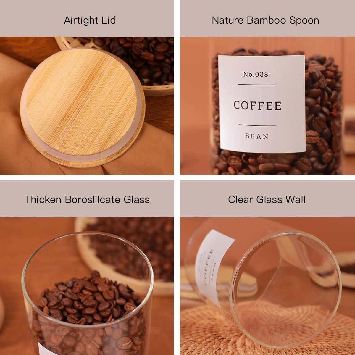 6-Pack Borosilicate Glass Storage Jars W/ Bamboo Lids 132 Pre-Printed Pantry