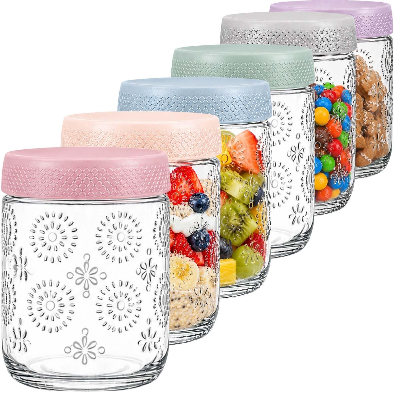 6-Pack Glass Overnight Oats Containers with Airtight Lids – 16oz Decorative…