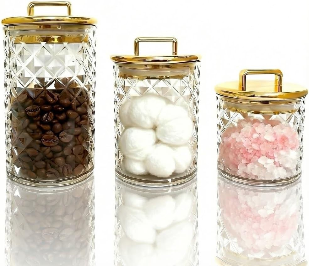 3-Pack Diamond-Cut Acrylic Storage Jars with Gold Lids – Airtight Clear Canis…