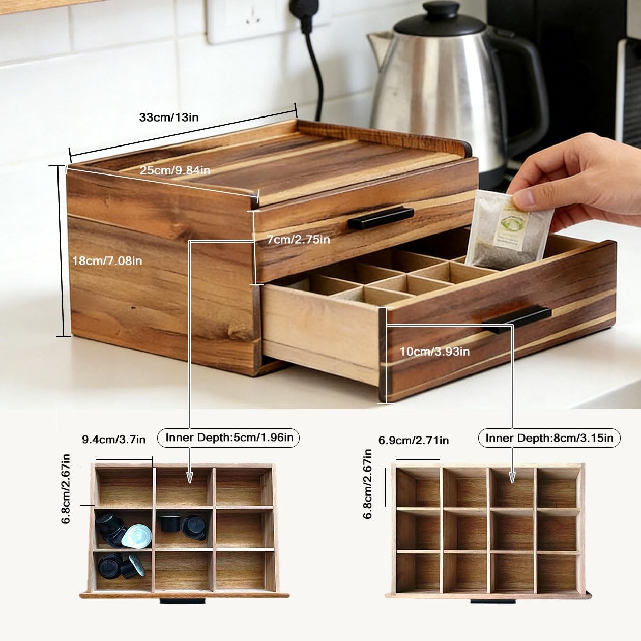 LzaoEFFF Double Drawer Acacia Wood Tea Bag Organizer, 33cm*25cm*18cm, Brown