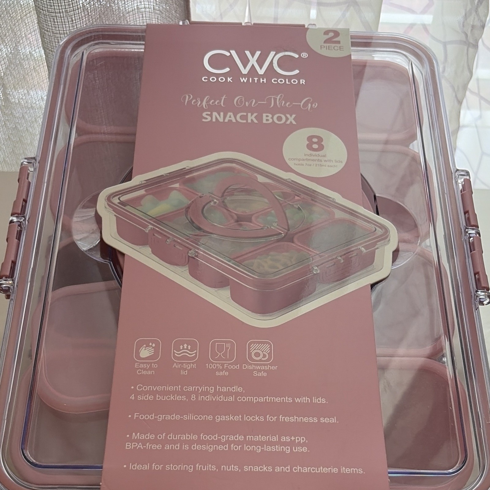CWC Perfect On-The-Go Snack Box 2pc 8-Compartment Snap Lids Pink 7oz