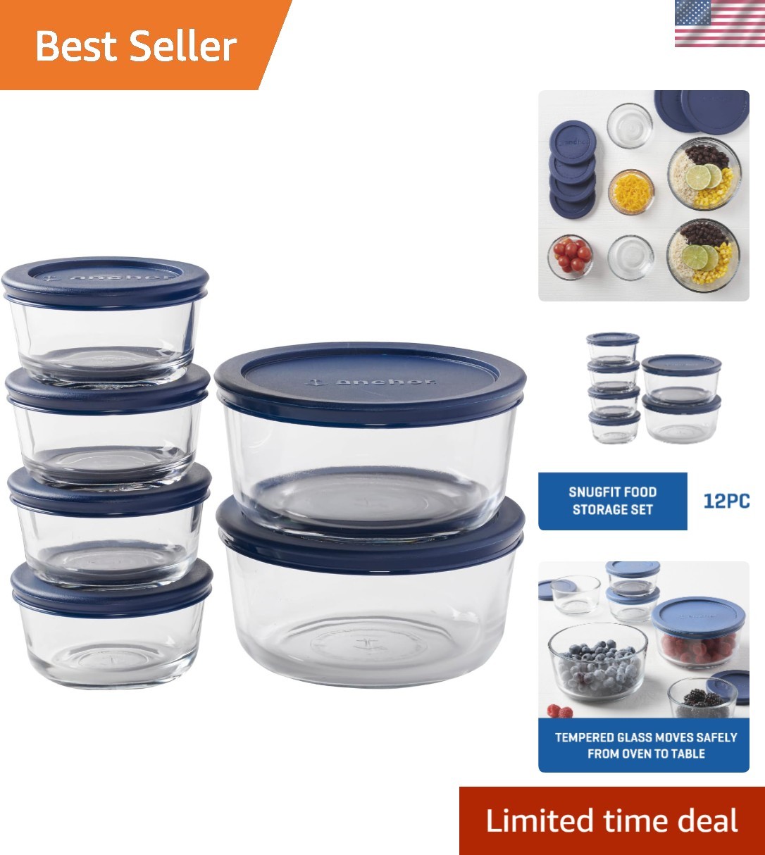 12-Piece Round Glass Storage Containers with Reusable Navy Lids