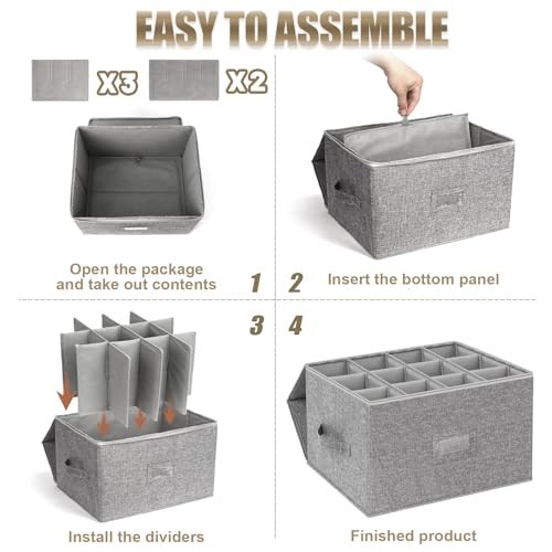Wine Glass Storage Box with Dividers, 2-Pack Stemware Storage Containers w/Hard