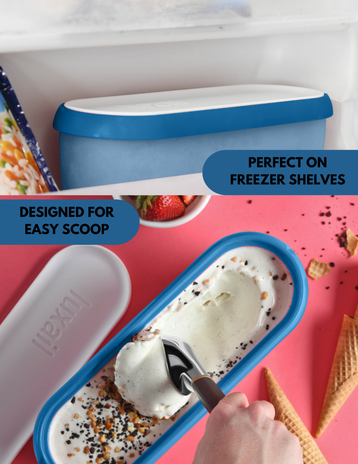 ICE CREAM STORAGE CONTAINER, BPA FREE, 1.5 QUART, DISHWASHER SAFE STACKABLE BLUE