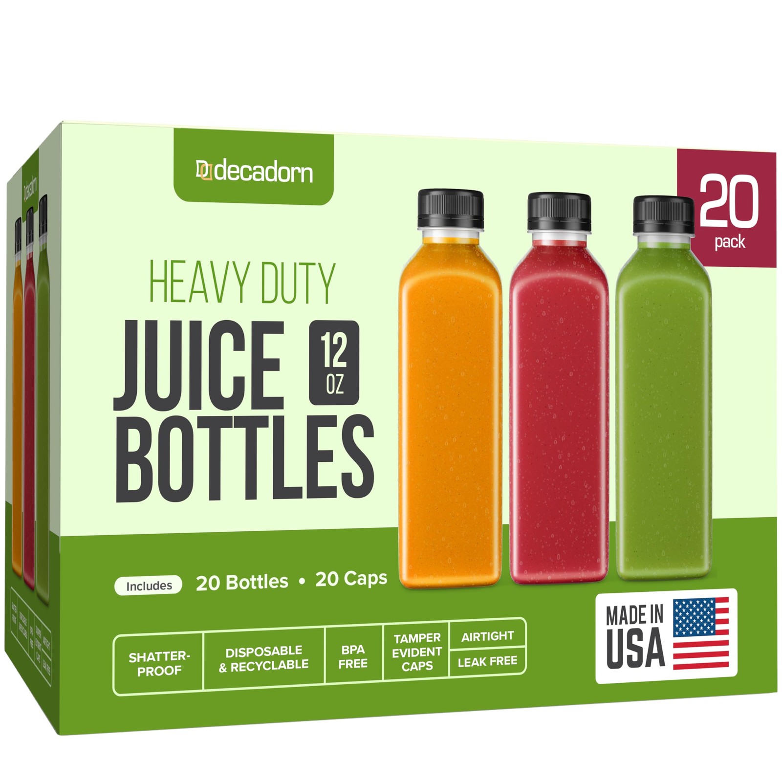 12 oz Juice Bottles with Caps, 20 Pack, Made in USA