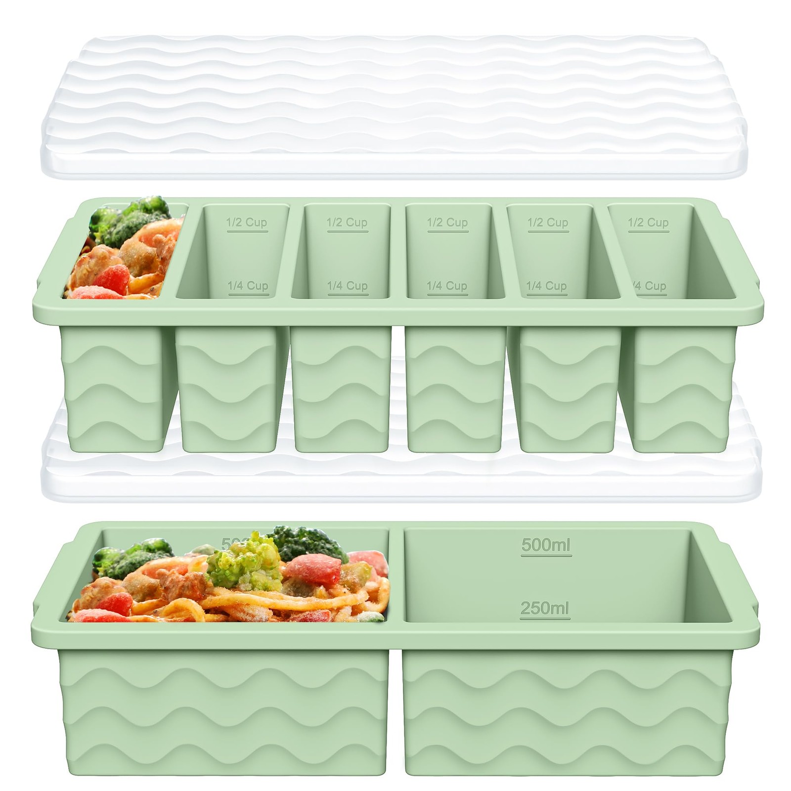 2-Pack Silicone Freezer Trays with Lid, 2 Large 2-Cup(500ml) & 6 Small 1/2-Cu…
