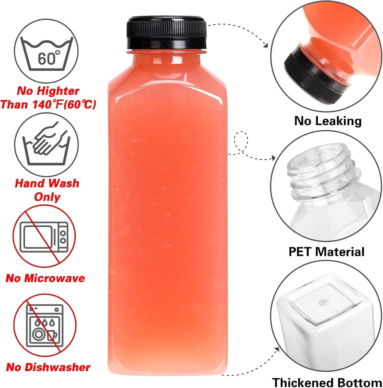 Botellas de Plastico para Jugos con Tapas Envases Reutilizables de 8/16oz 6 Pz