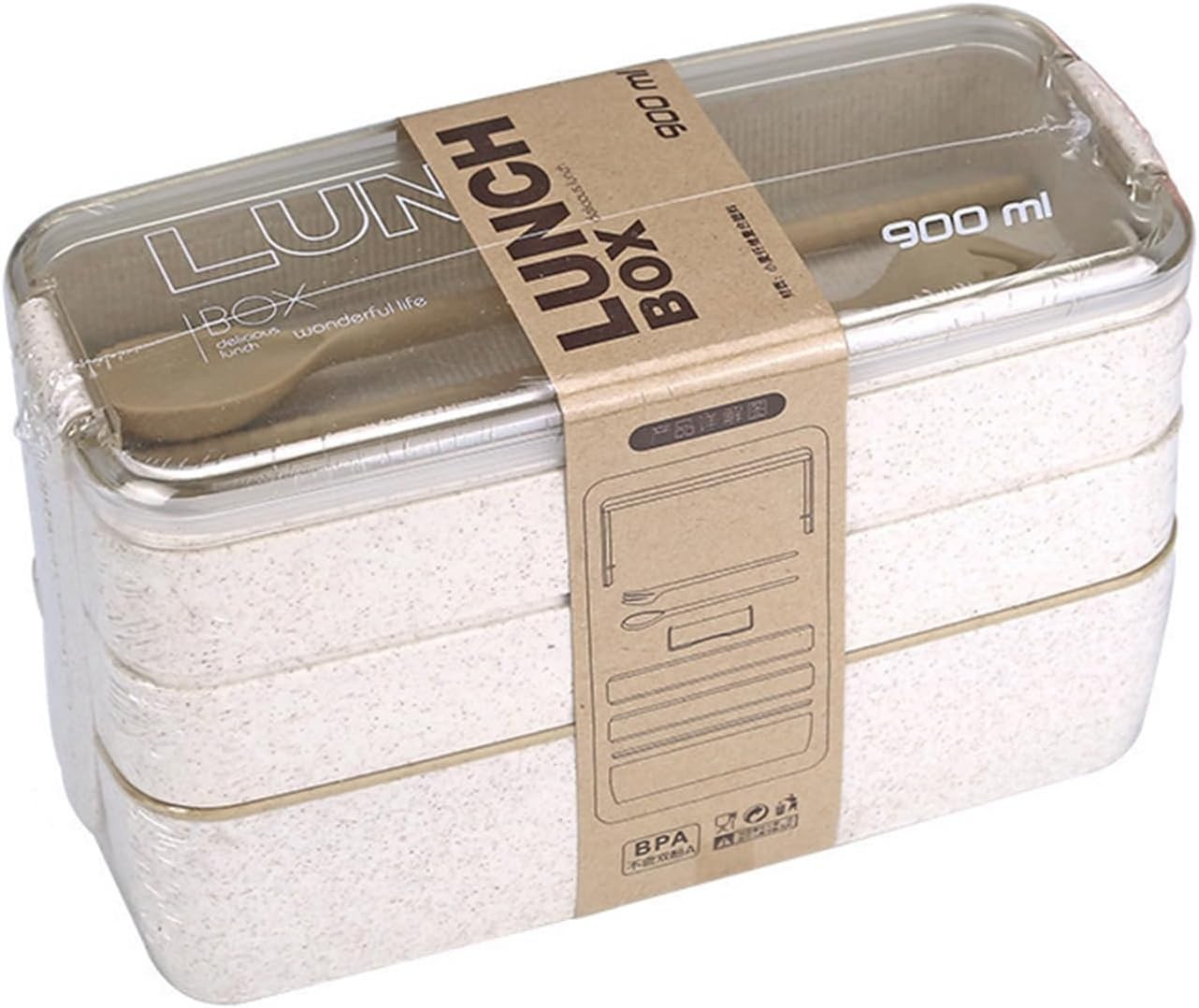 Mejiwasmi Portable Bento Box, 3-layers Lunch 900ML 18x8x11.5cm, Beige