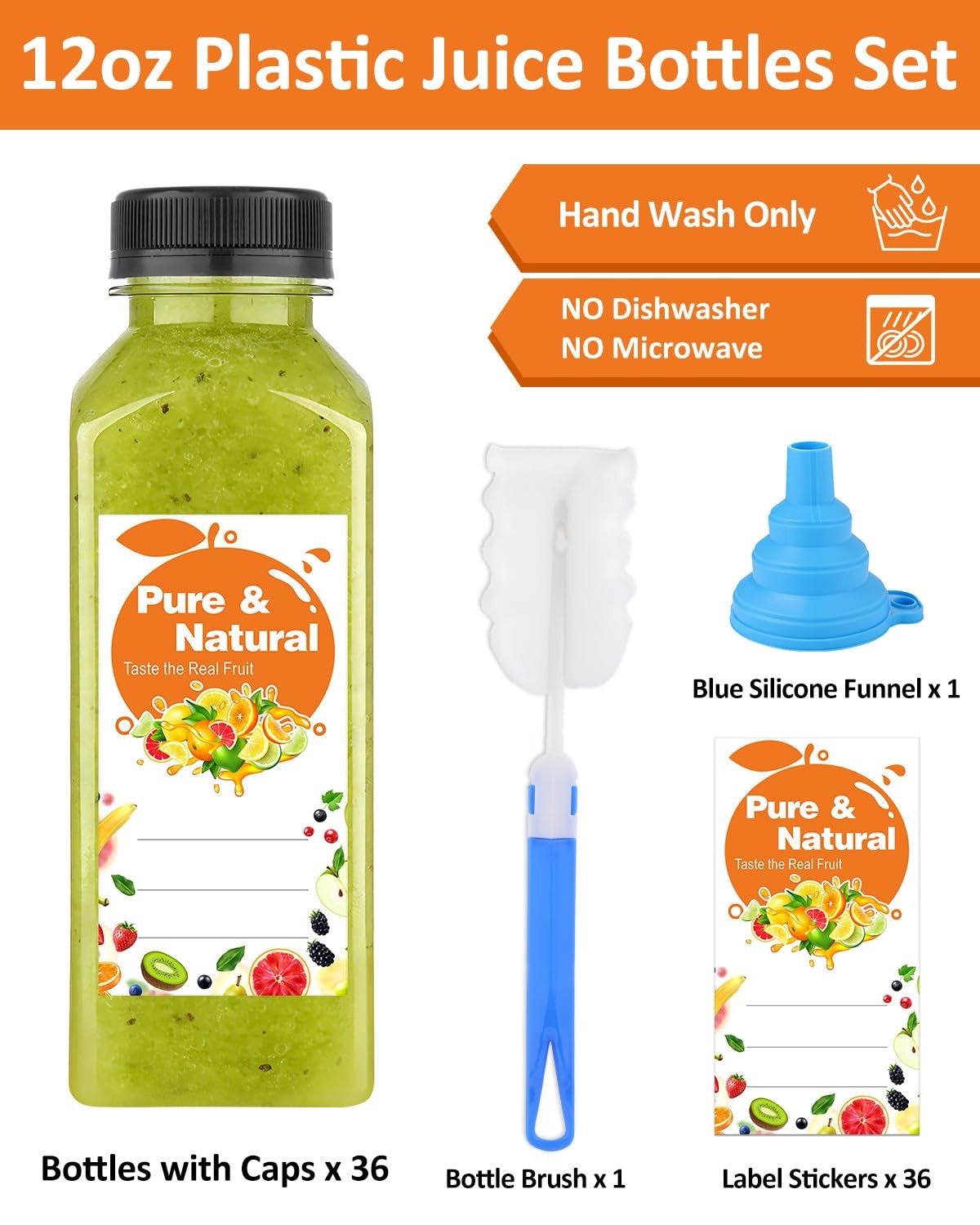 36 Pack 12oz Plastic Juice Bottles with Caps, Empty Reusable Bottles for Juic…