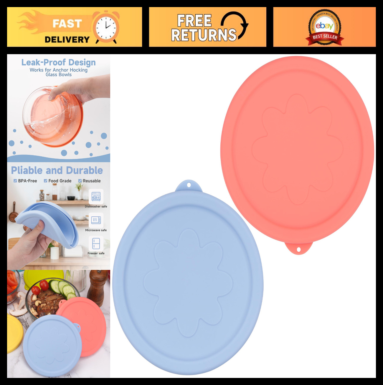 7 Cup Silicone Lids for Glass Bowls – 2 Pack, Microwave & Dishwasher Safe, Stora