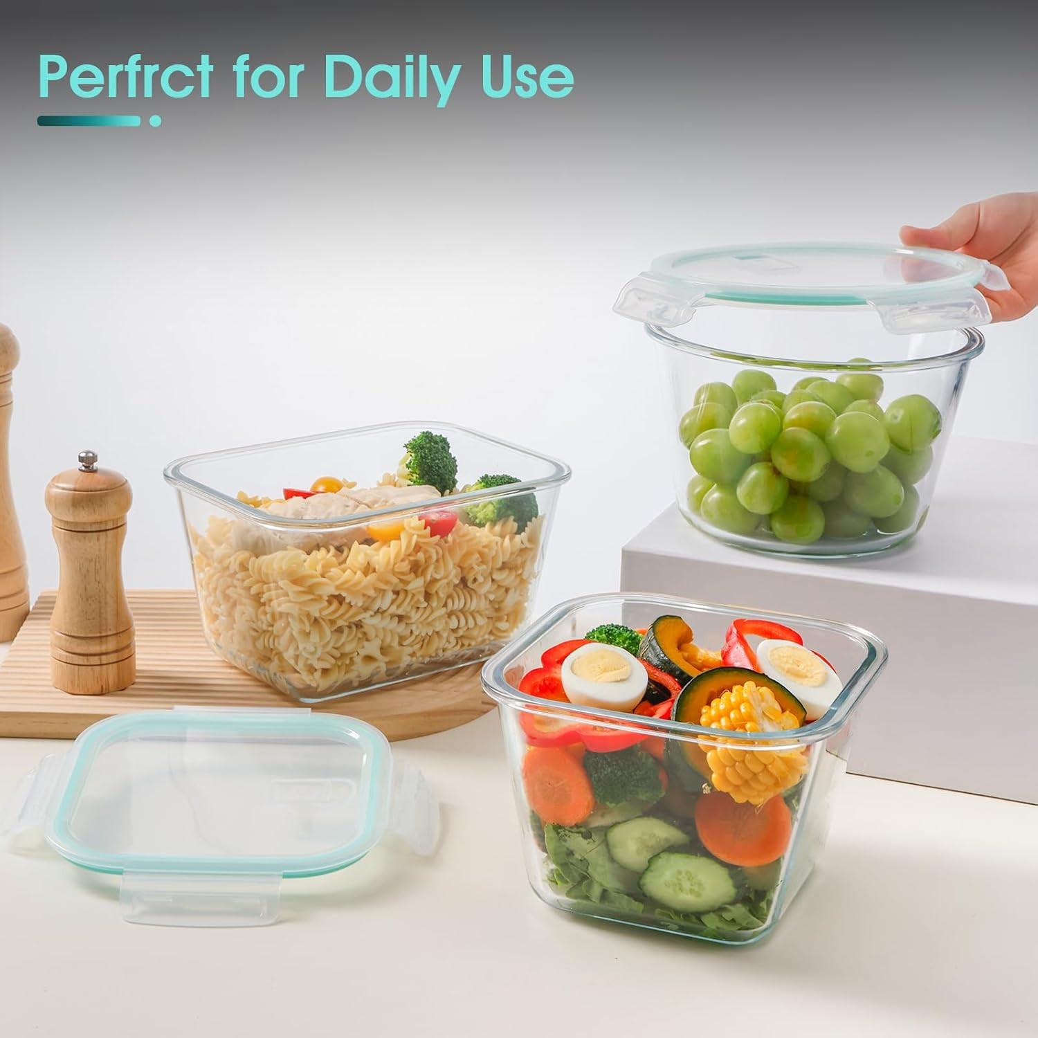 NUTRIUPS Glass Food Storage Container with Lid, 2.1L, 7.6×5in | Deep Round, Meal
