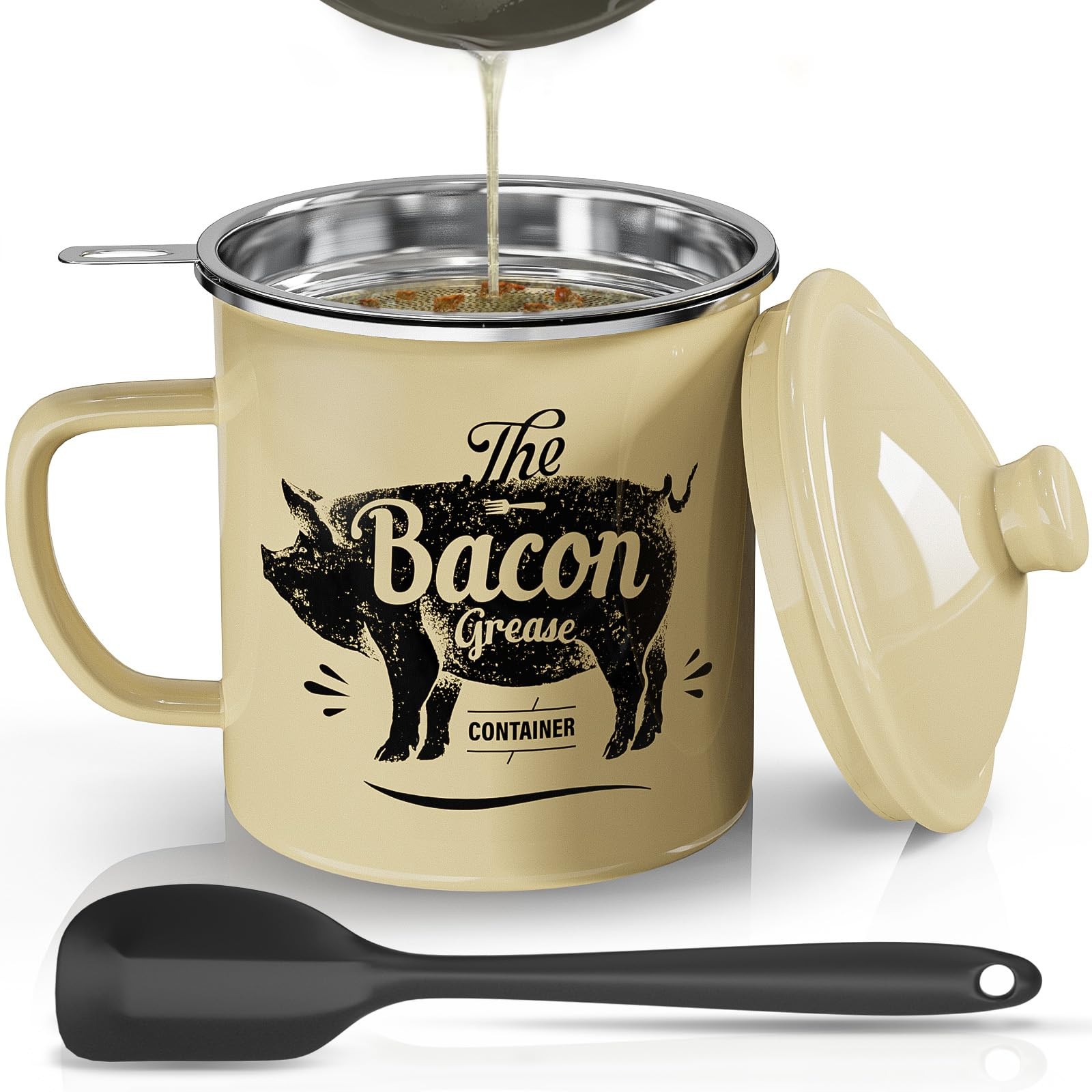 Bacon Grease Container With Strainer, 46OZ Large Enamel Grease Container, Wit…