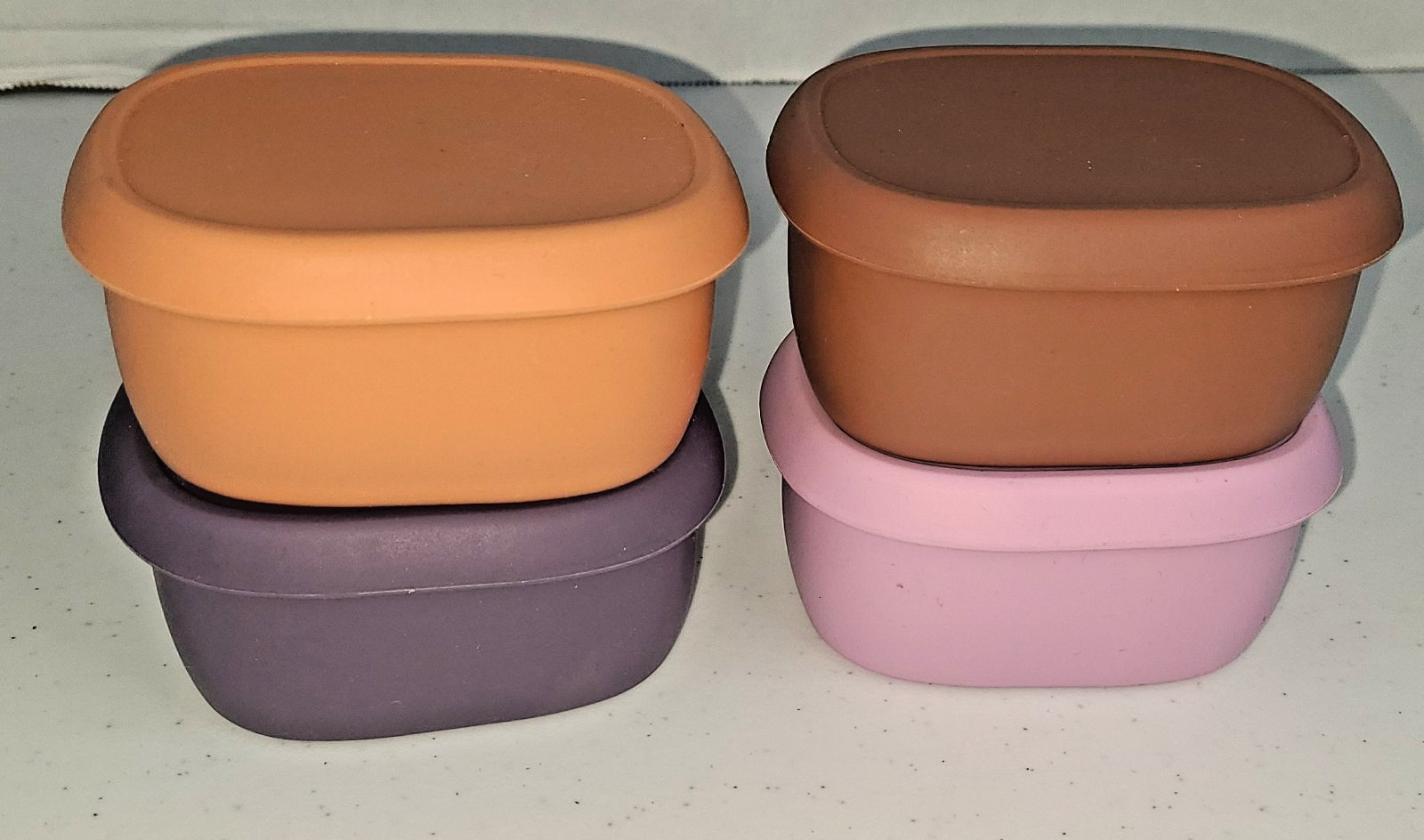 lot of 4 small multicolor silicone rubber storage containers with lids 200mL
