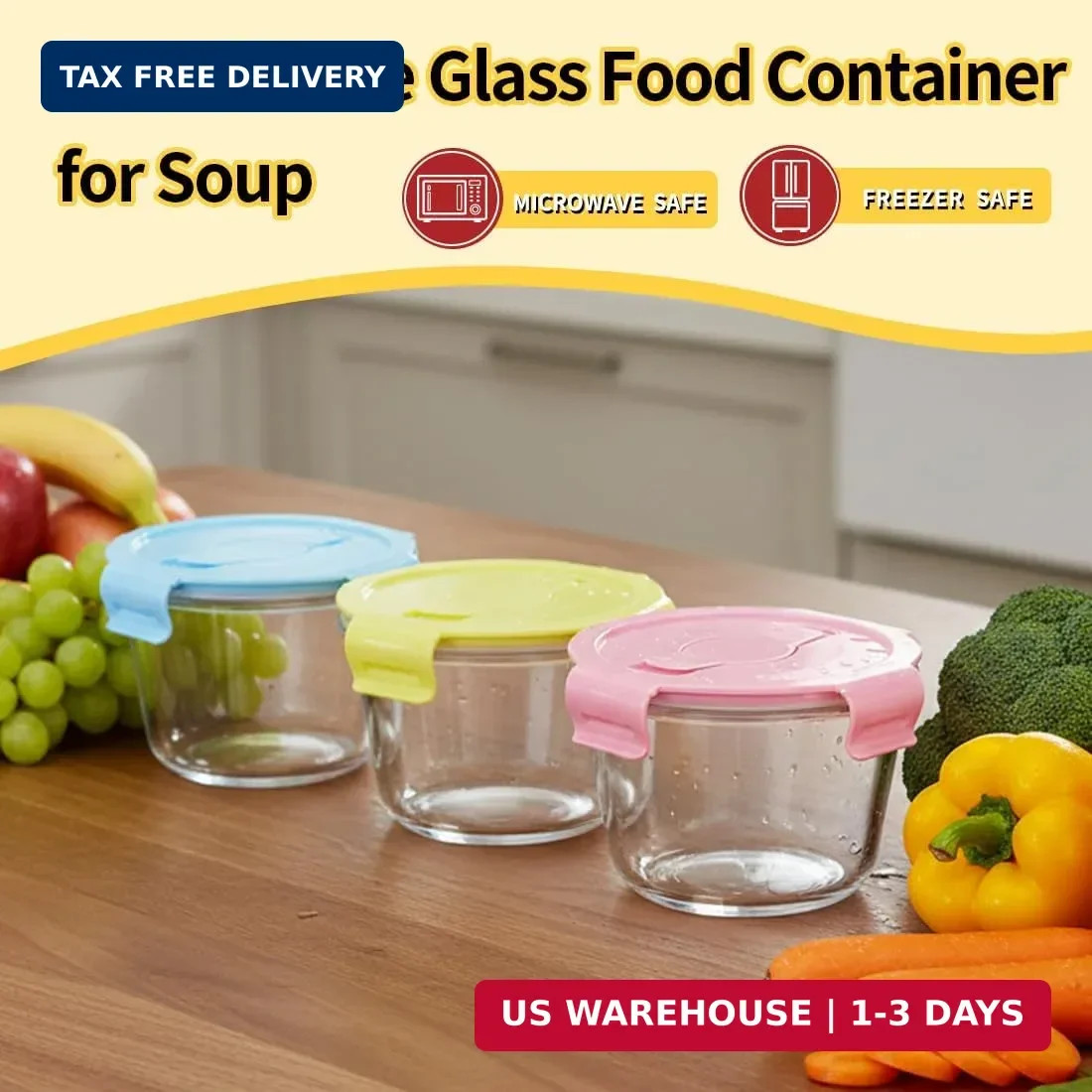 Glass Soup Containers Set of 4 16oz Lids and Spoons Meal Prep Bowls Microwave