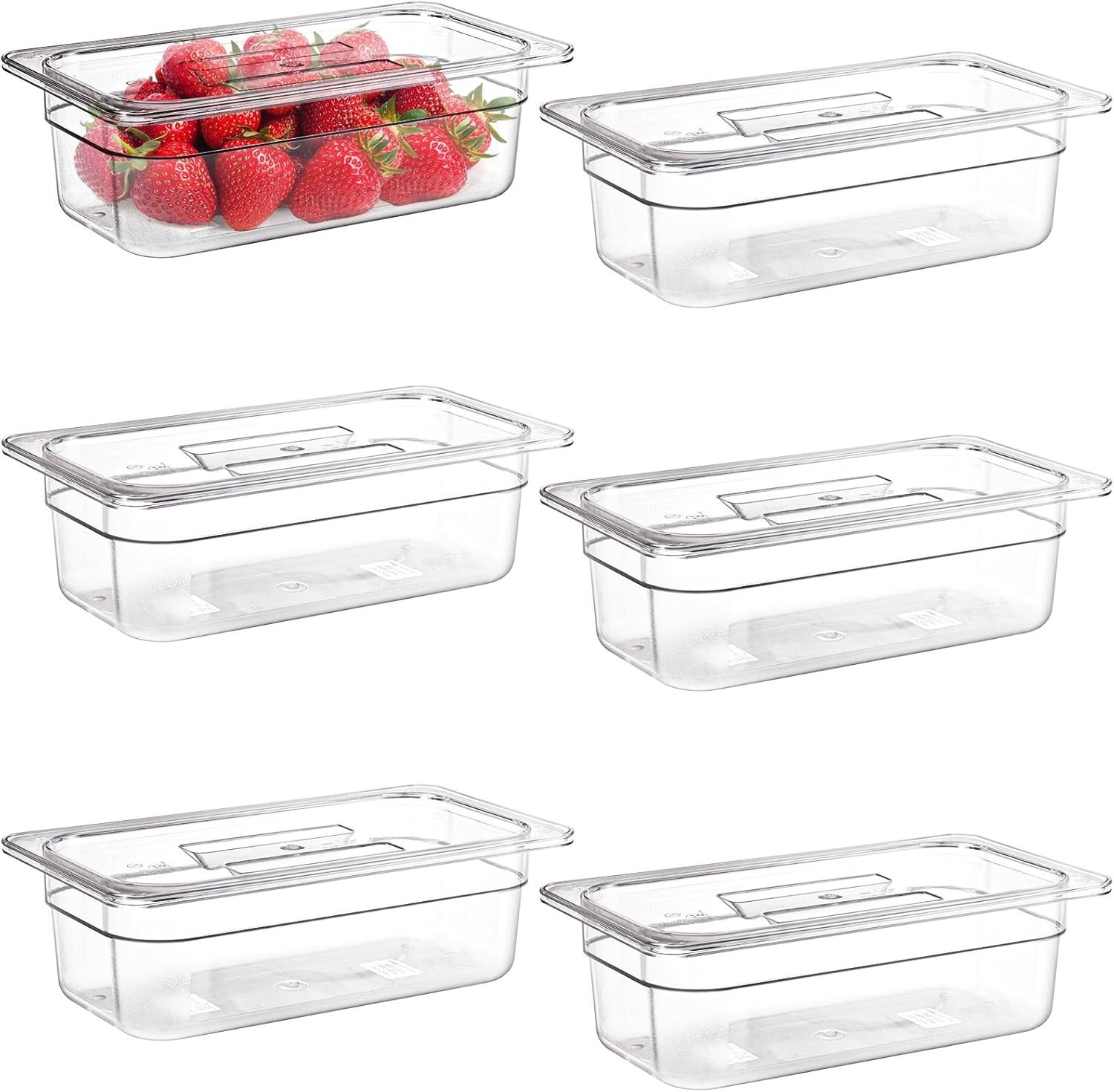 6 Pack Plastic Clear Food Pans with Lids, 1/3 Size 4 Inch Deep Stackable Comm…