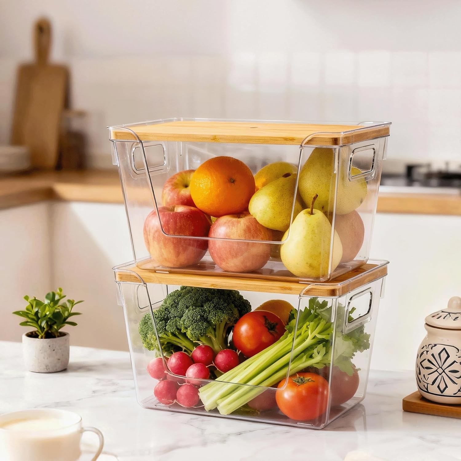 2 Set Pantry Organizers & Storage W/ Bamboo Lids Stackable Clear Bins Onion