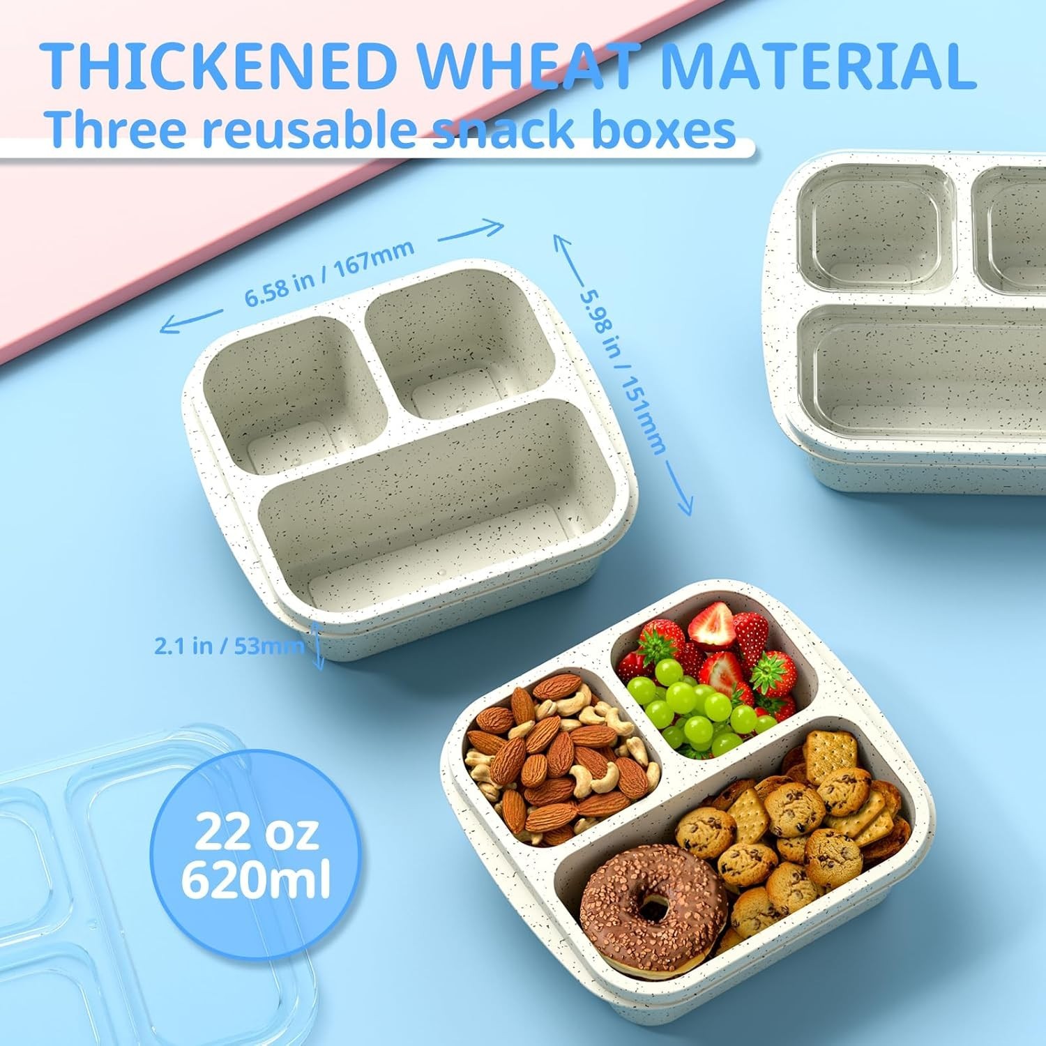Snack Boxes 3 Pack – Stackable Bento Boxes with 3 Compartments, Meal Prep Con…