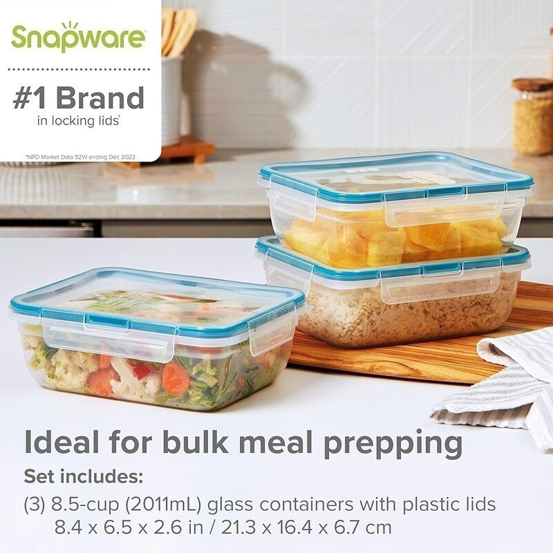 Plastic Food Storage Containers 8.5 Cup 3-Pack Airtight BPA-Free Microwave Safe