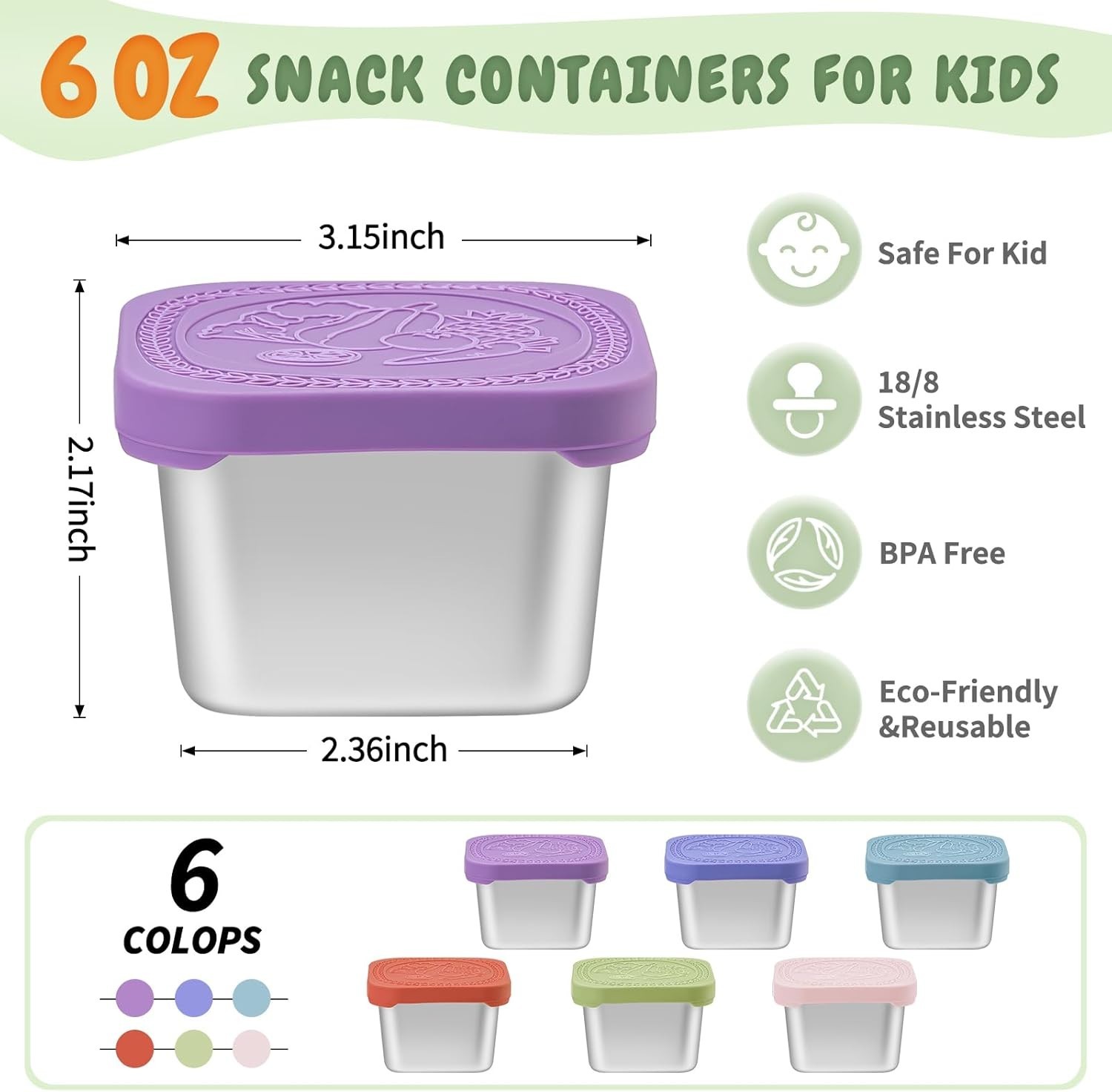 6 Oz Stainless Steel Snack Containers for Kids – 6 Pack Metal Food with Lids
