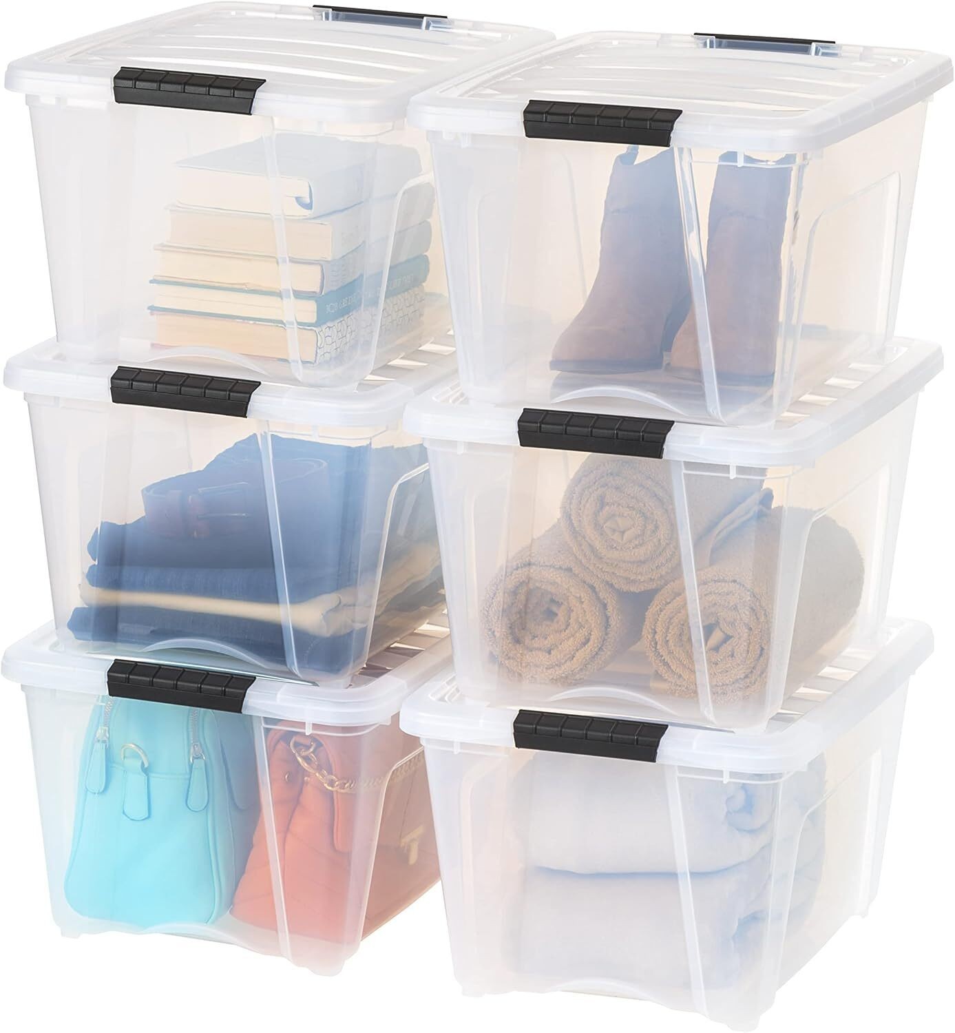 6 Pack 32 QT Plastic Storage Box w/Lid and Latches Nestable Stackable Containers
