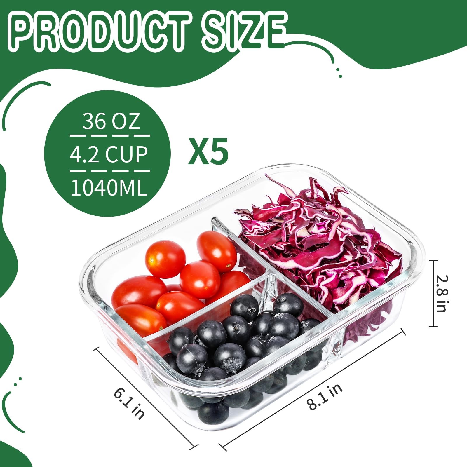 5-Packs 36OZ Glass Airtight Food Storage Containers 3 Compartments, Meal Prep…