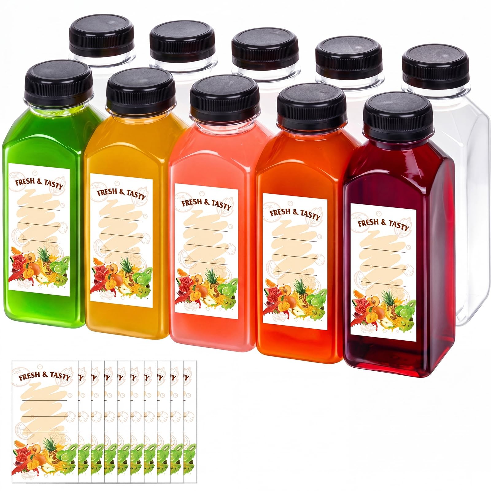 10 PCS 12oz Empty Clear Plastic Juice Bottles Caps Reusable Beverage Container