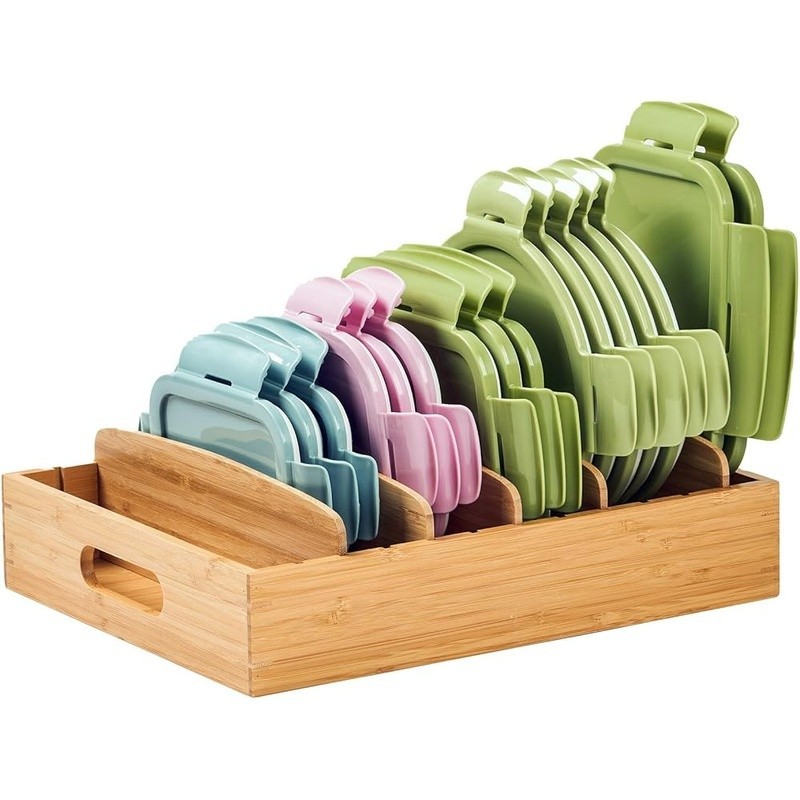 Bamboo Food Container Lid Organizer Adjustable Compartment Storage Tray W/ Grip