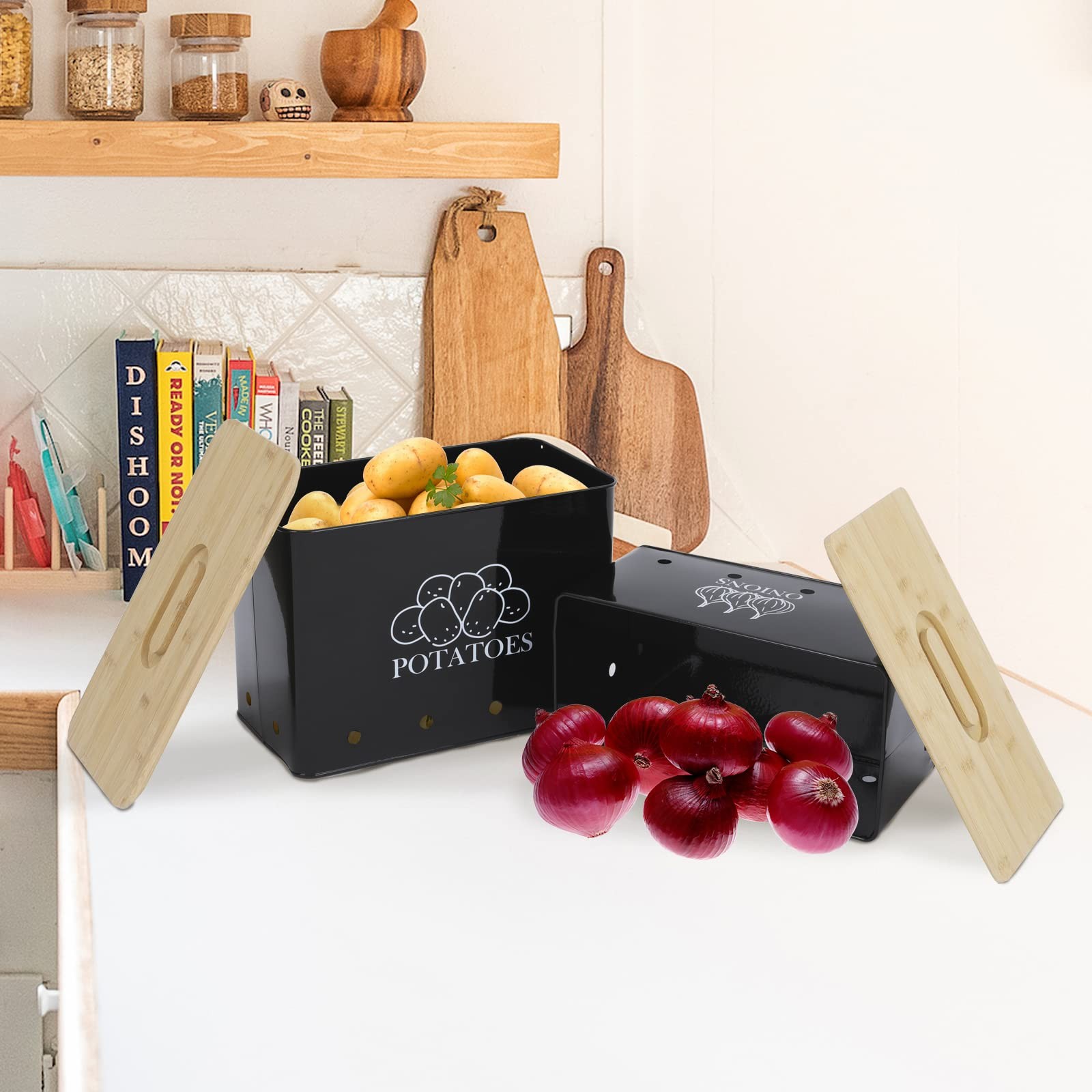Potato and Onion Storage Bin Set of 2, Vented Metal Vegetable Storage with Wo…