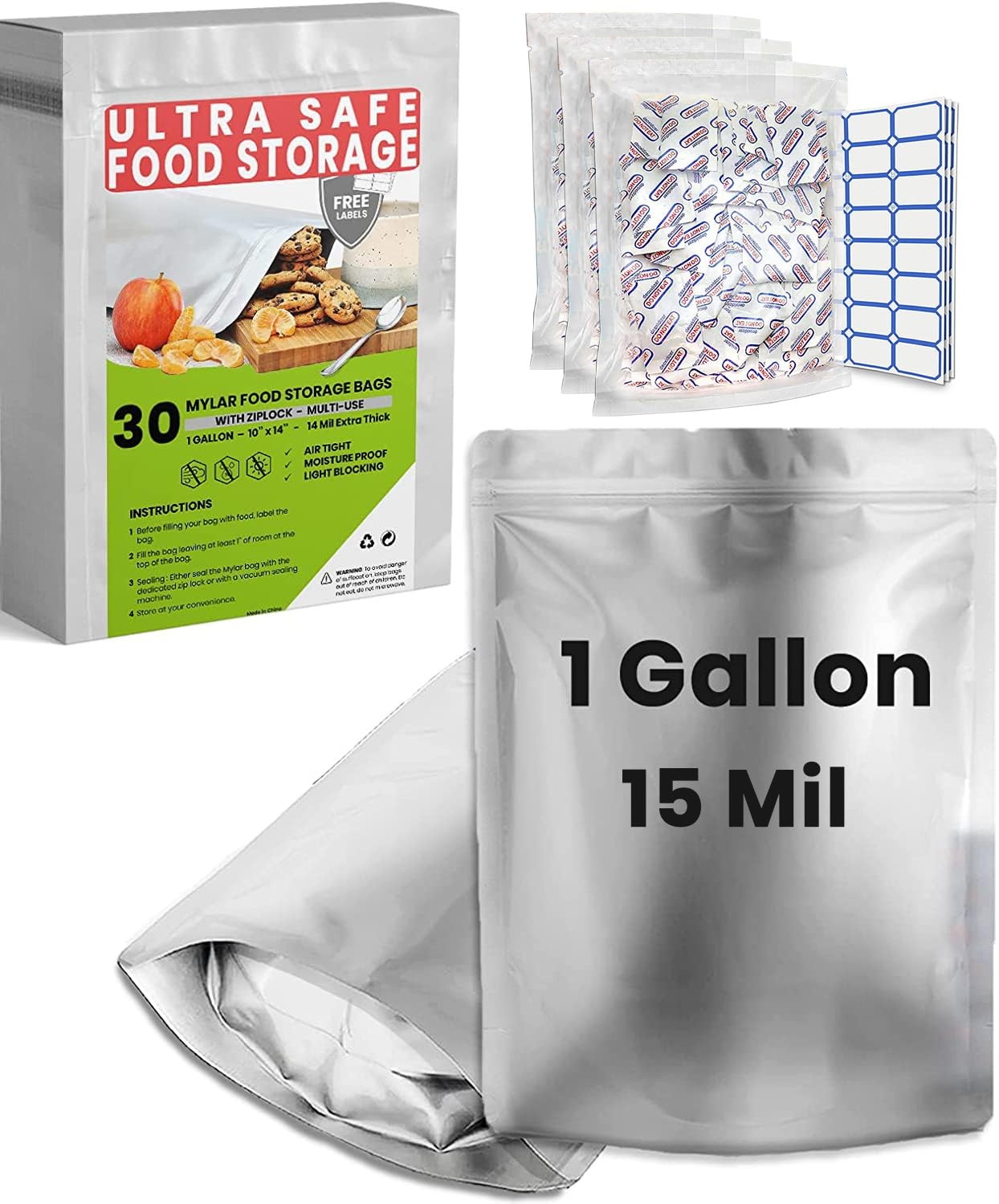 30 Mylar Bags For Food Storage 1 Gallon Extra Thick 15 Mil Long Term Food Grad