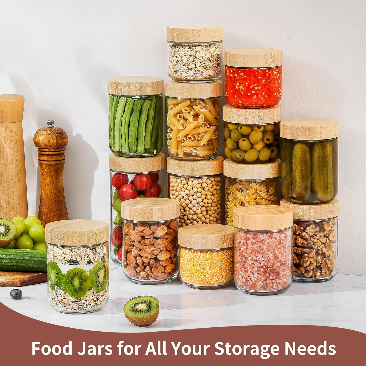 16 Oz Overnight Oats Containers with Bamboo Lids – 4 Pack Glass Storage Jars