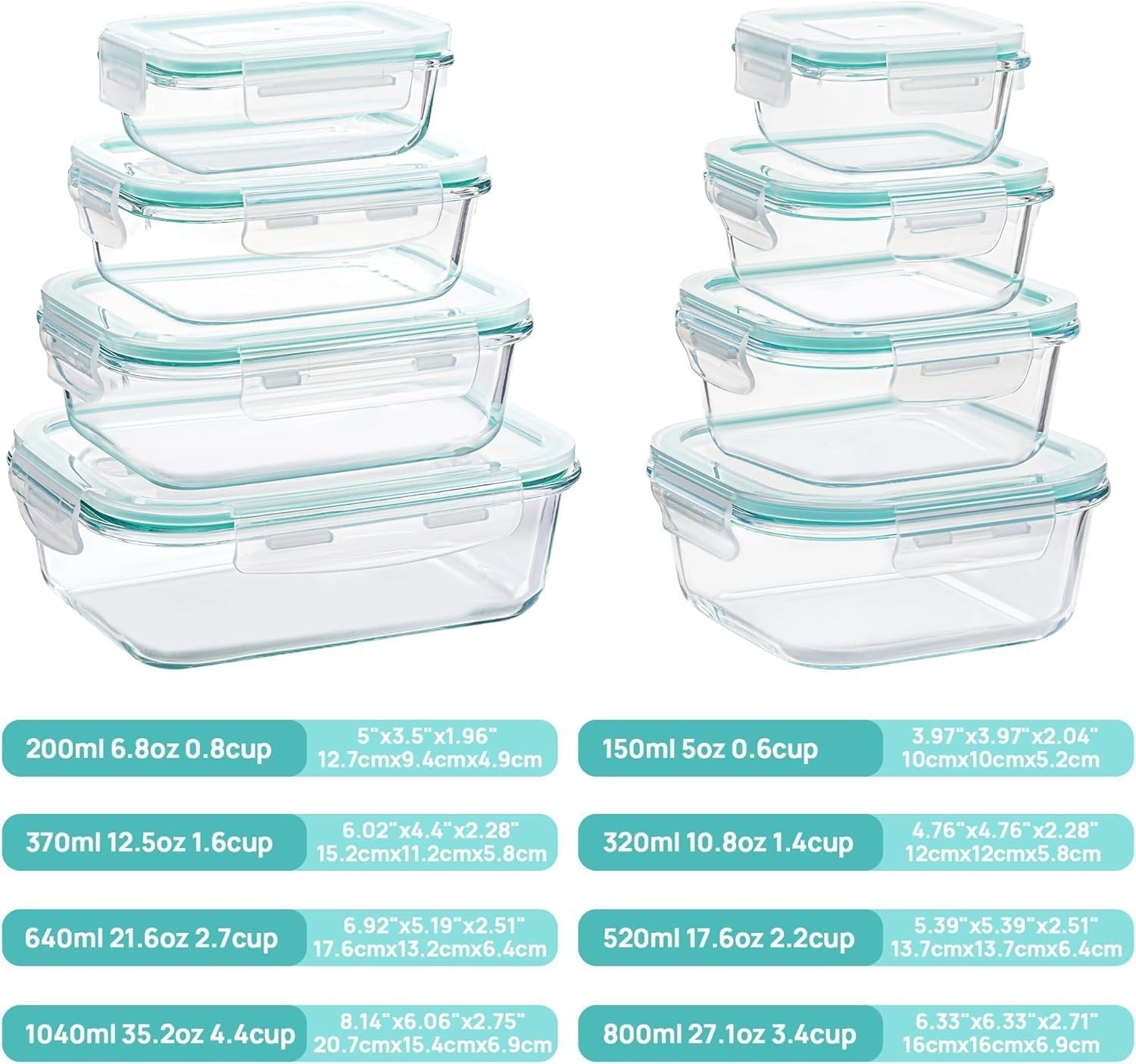 Paquete de 8 recipientes de vidrio para almacenar alimentos con tapas herméticas