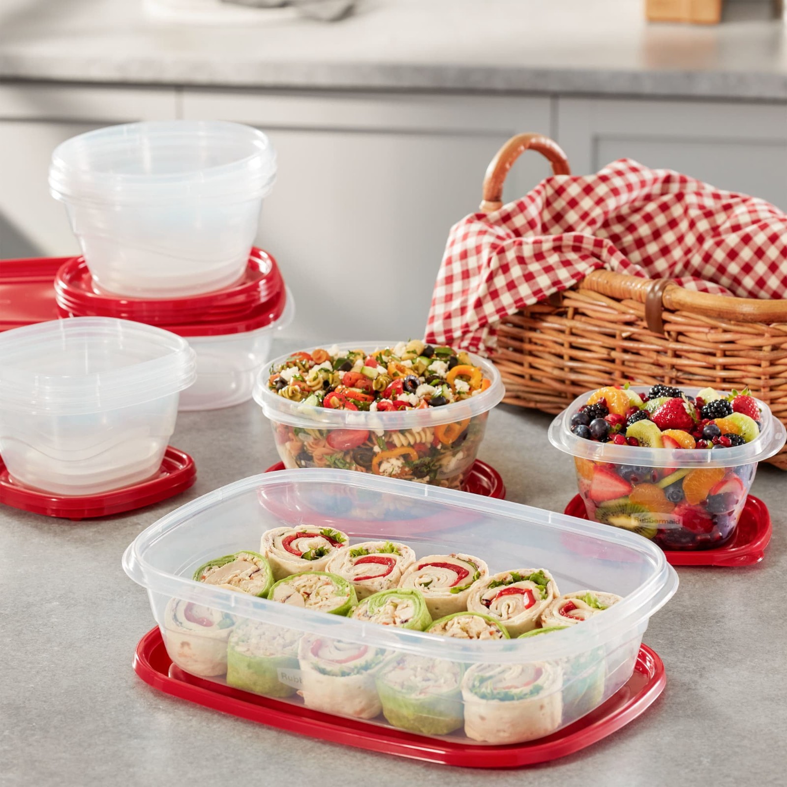 (2 pack) Rubbermaid TakeAlongs Food Storage Containers, 10 Piece Set, Red