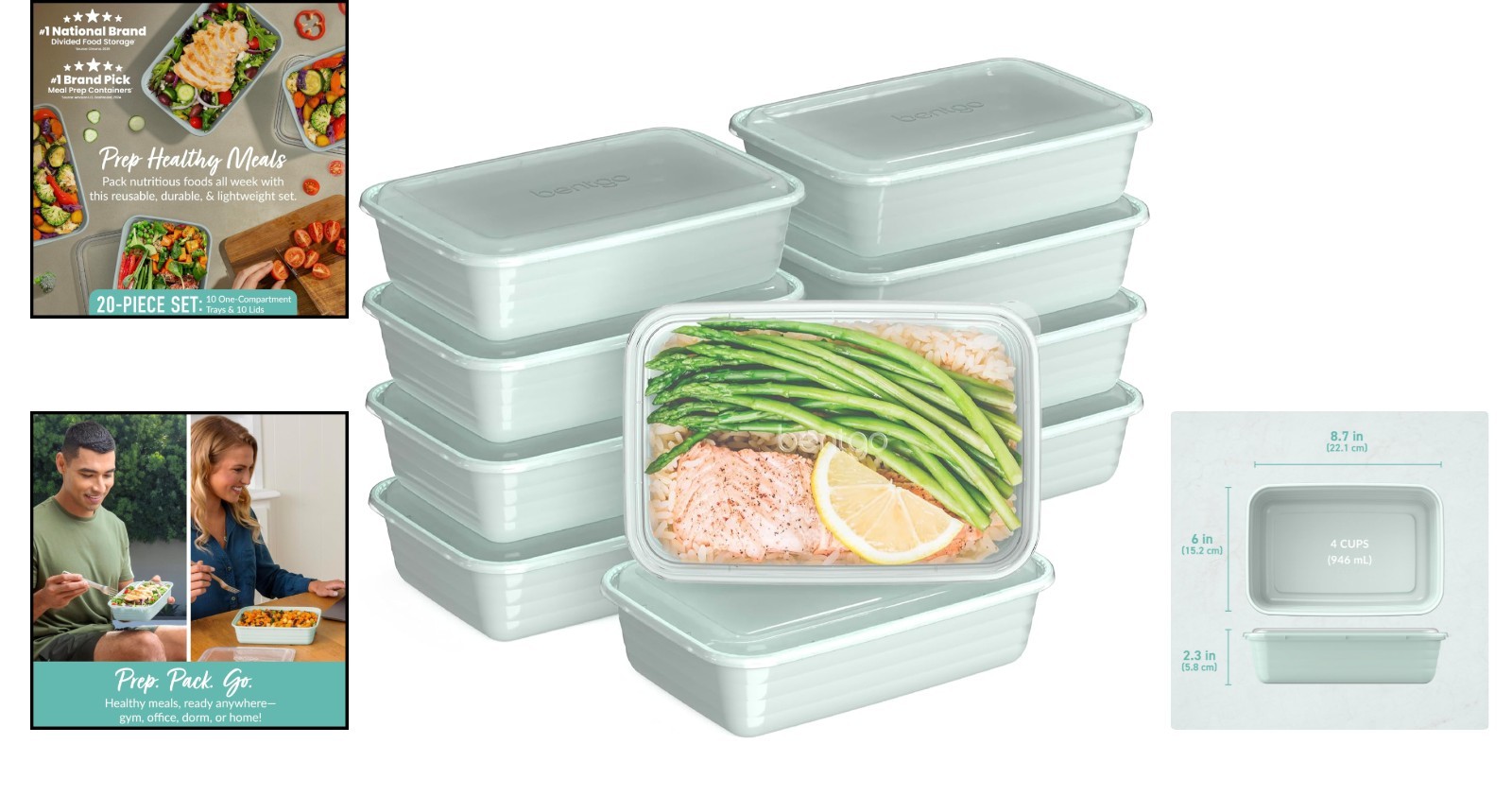 Reusable 1-Compartment Meal Prep Containers, 20-Pack Mint – Portion Control