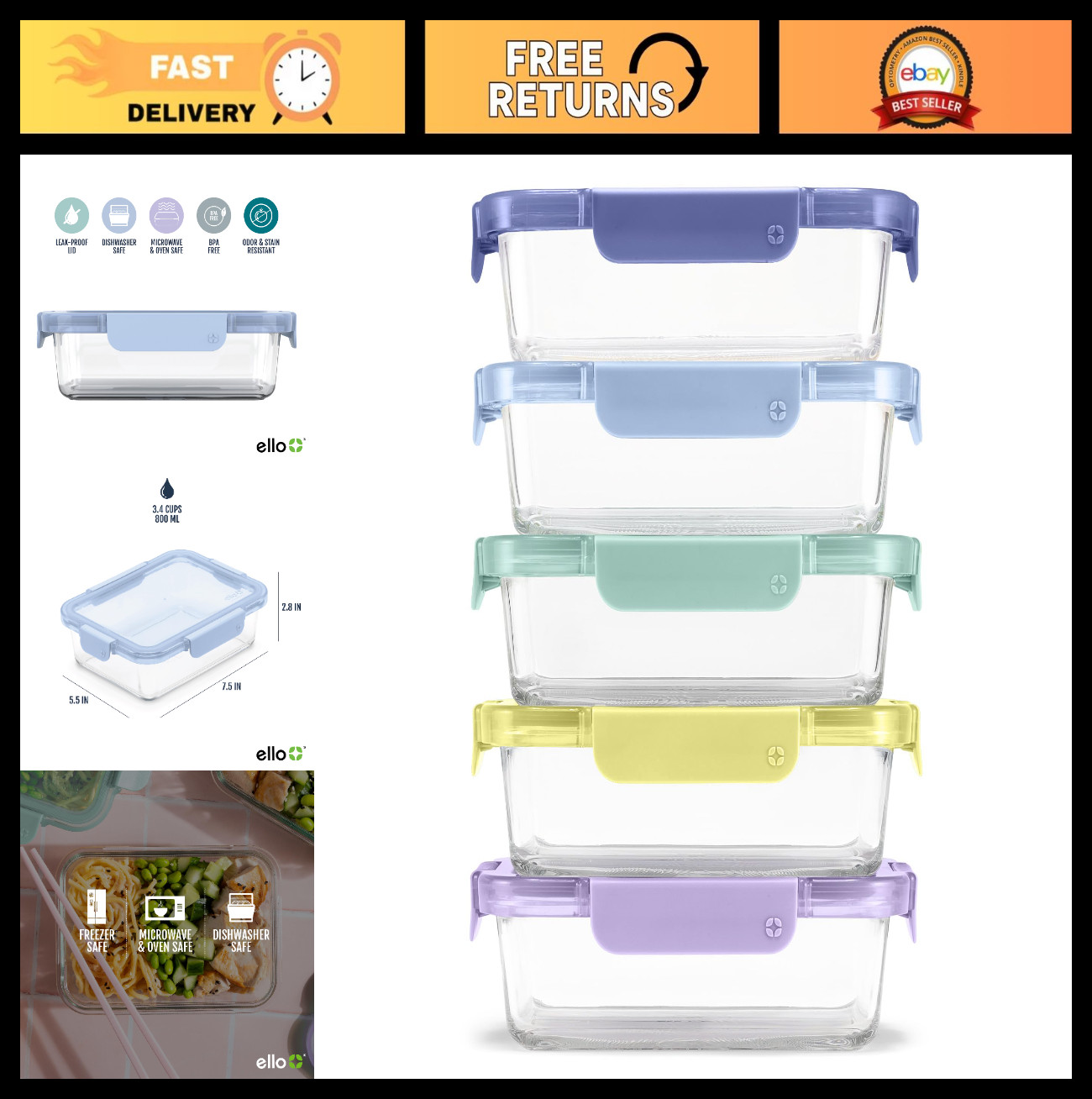 Leak-Proof Glass Meal Prep Containers Set – Airtight BPA-Free Lids, Dishwasher S