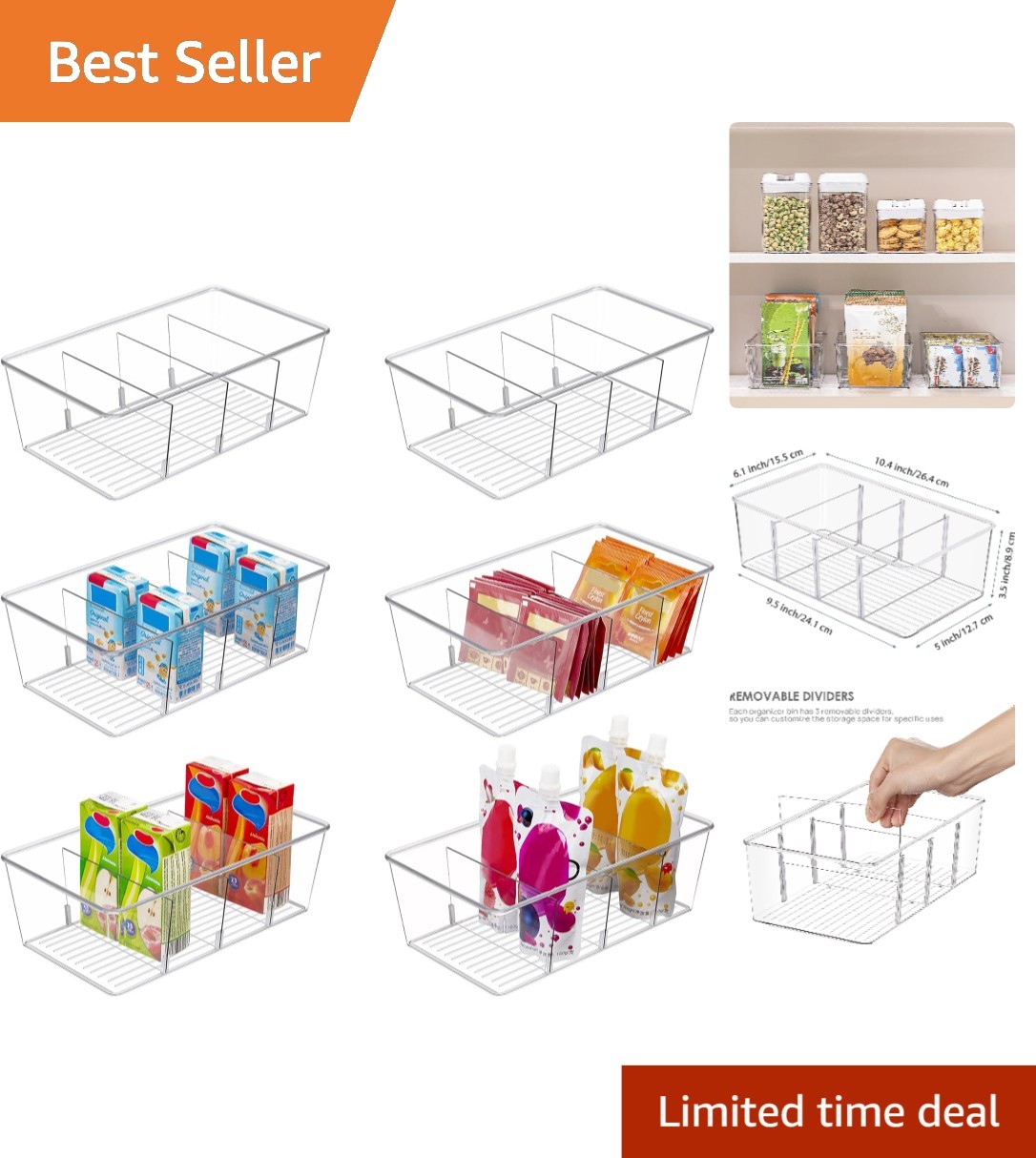 Lightweight 6 Pack Food Organizer Bins for Easy Pantry and Kitchen Storage
