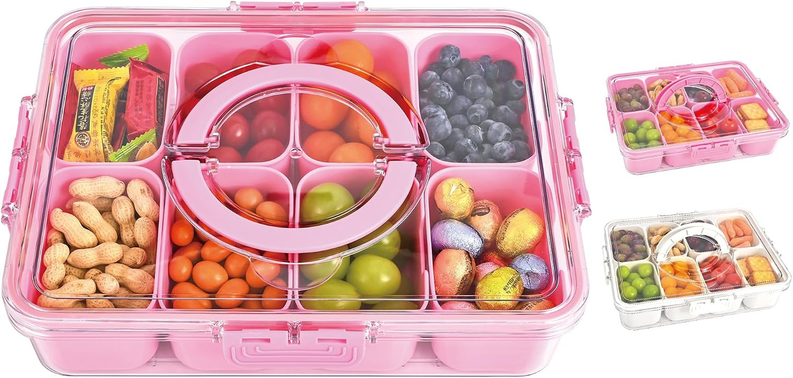 Snackle Box Container, 8 Compartment Divided Serving Tray with Lid and Handle, S