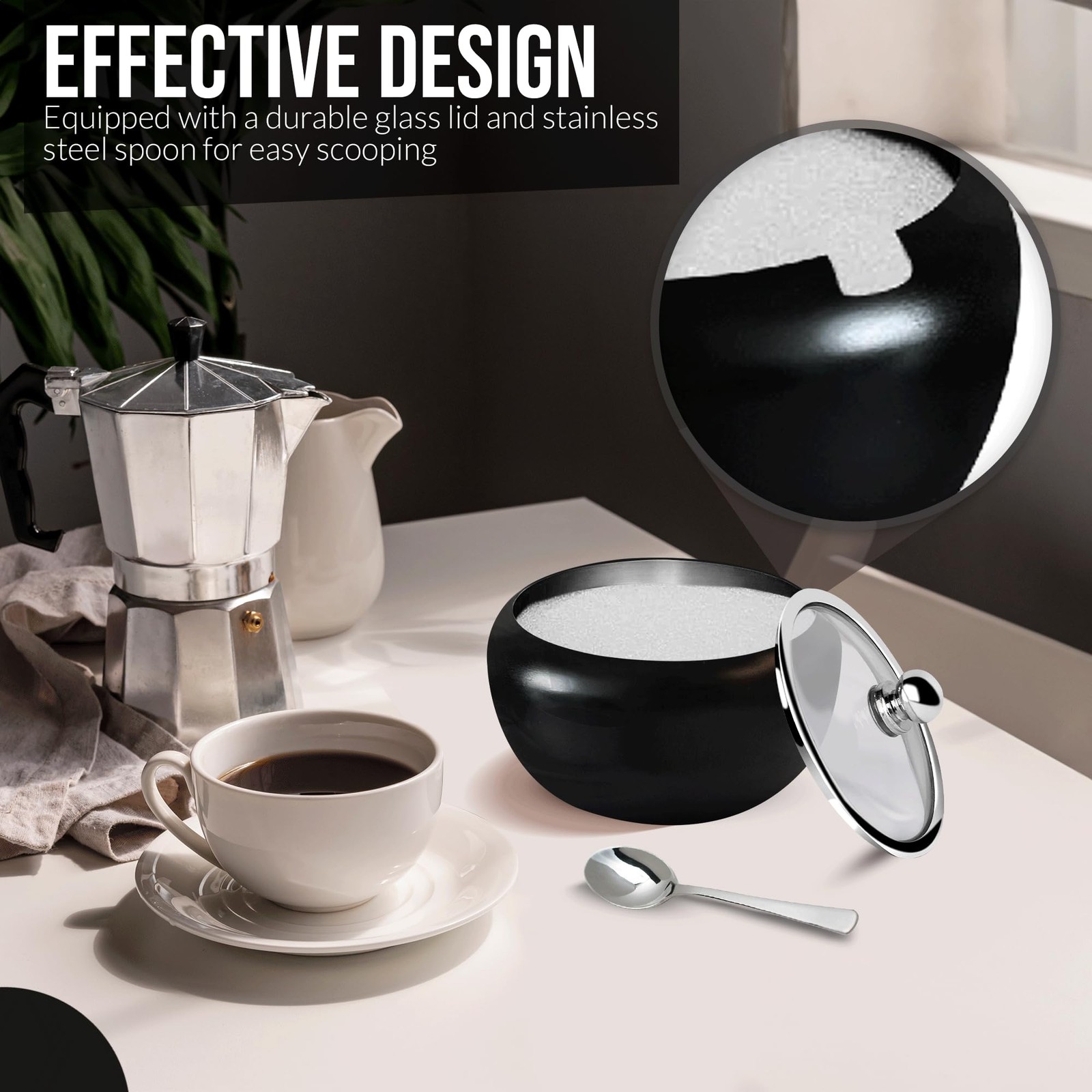 Sugar Bowl with Lid and Spoon | 12oz Container Standard, Matte Black