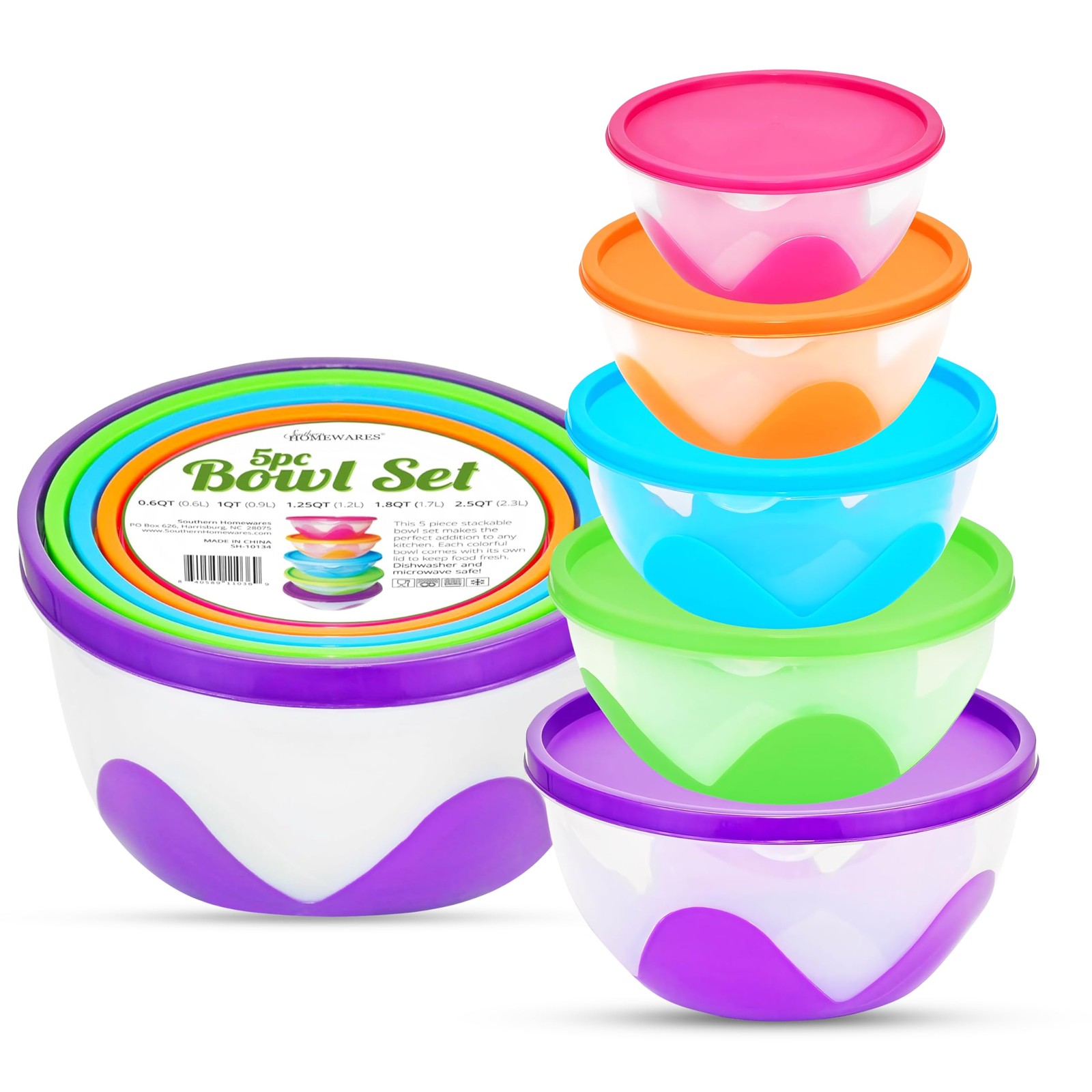 Southern Homewares 5-Piece Plastic One Size, Pink,Orange,Blue,Green,Purple