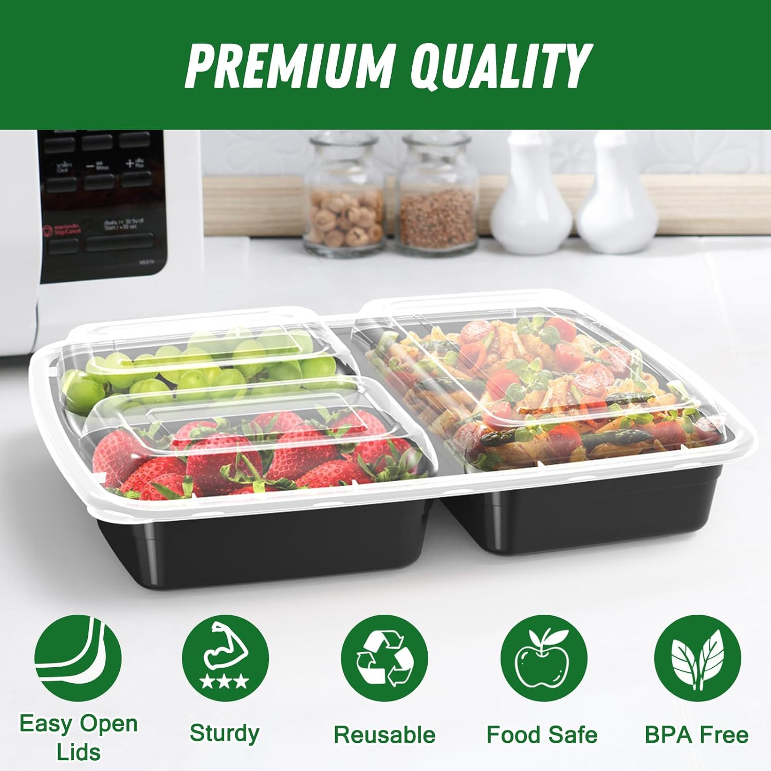 50 Pack (100-Piece) 32 Oz Meal Prep Containers Reusable with Lids 3-Compartment,