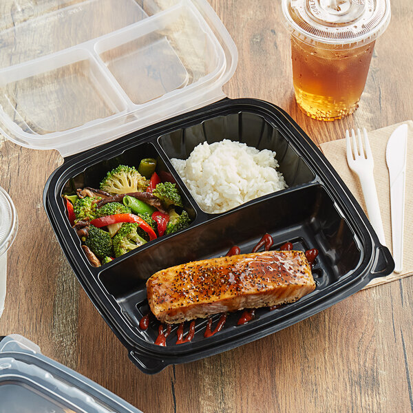 10″ x 10″ x 3″ Microwaveable 3-Compartment Black/Clear Plastic Hinged Container