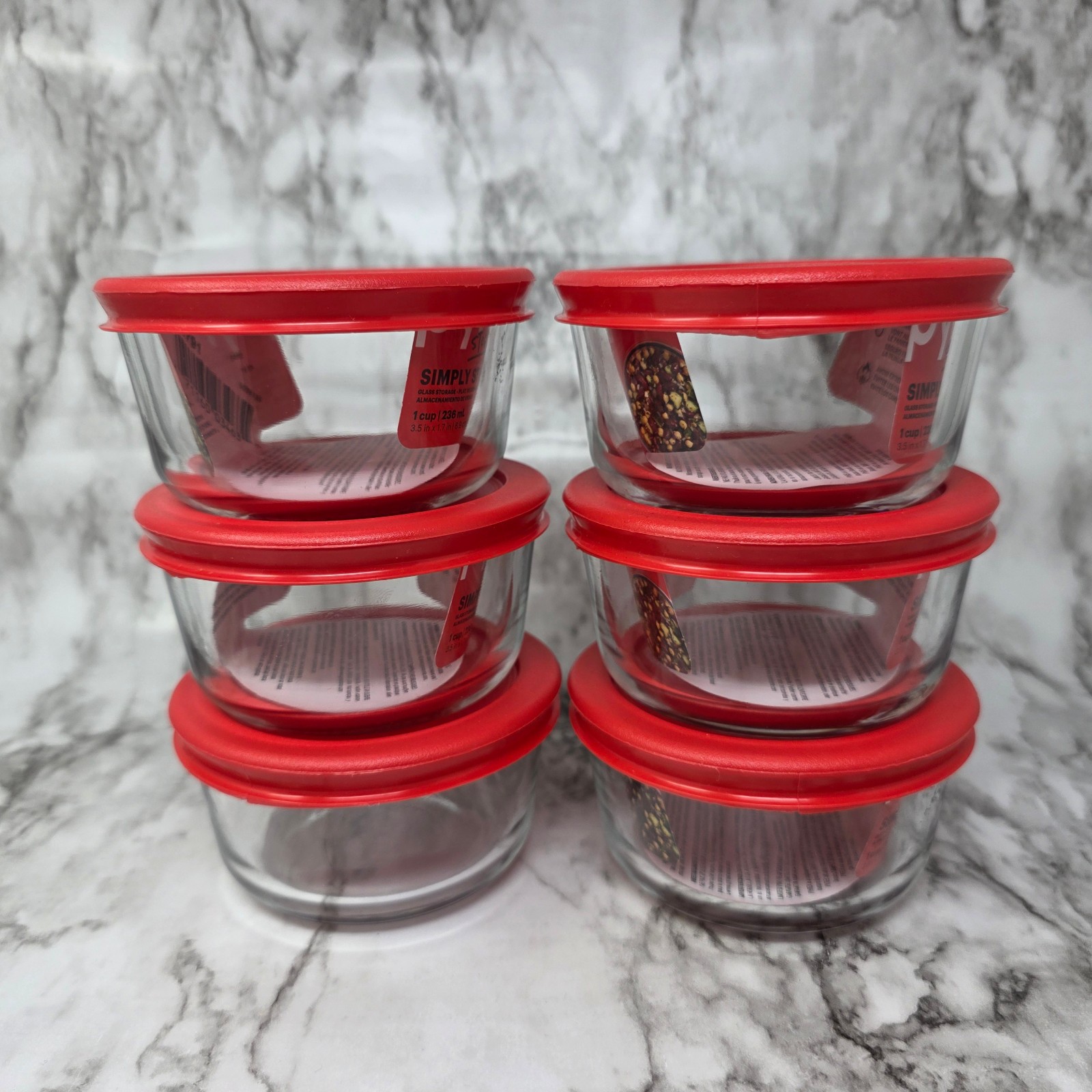Lot of 6 Pyrex Simply Store 1 Cup Glass Food Storage Container Bowls Red Lid
