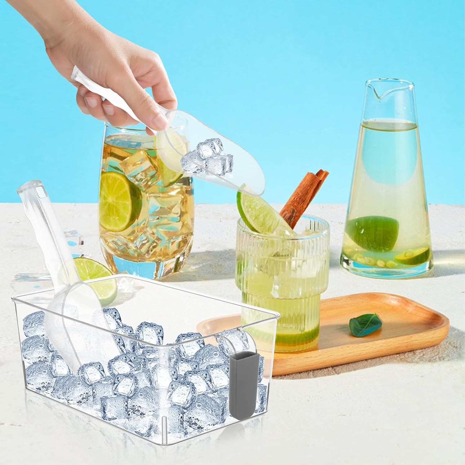 2 Set Ice Storage Bins Freezer W/ Lid & Flexible Scoop Transparent Plastic Ice